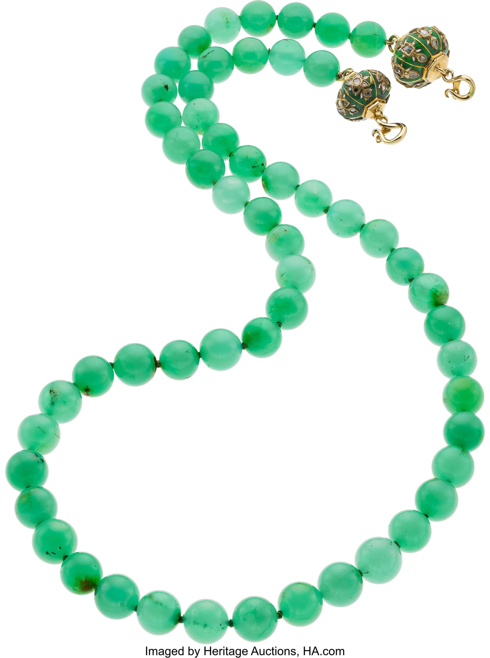 Verdura Chrysoprase, Diamond, Enamel, Gold Neck: Verdura Chrysoprase, Diamond, Enamel, Gold Necklace, circa 2008 Stones: Chrysoprase beads; polki-cut diamonds Element: Enamel Metal: 22k and 18k gold&com
