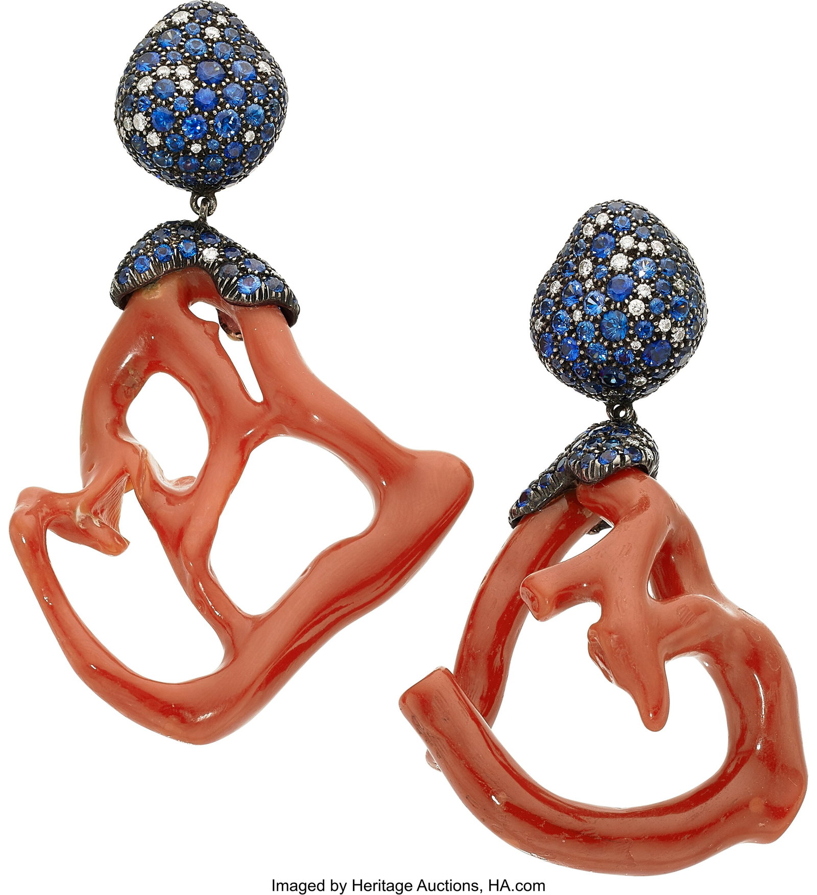 Nicholas Varney Coral, Diamond, Sapphire, Gold,: Nicholas Varney Coral, Diamond, Sapphire, Gold, Silver Earrings Stones: Full-cut diamonds weighing a total of approximately 0.80 carat; round-shaped sapphires