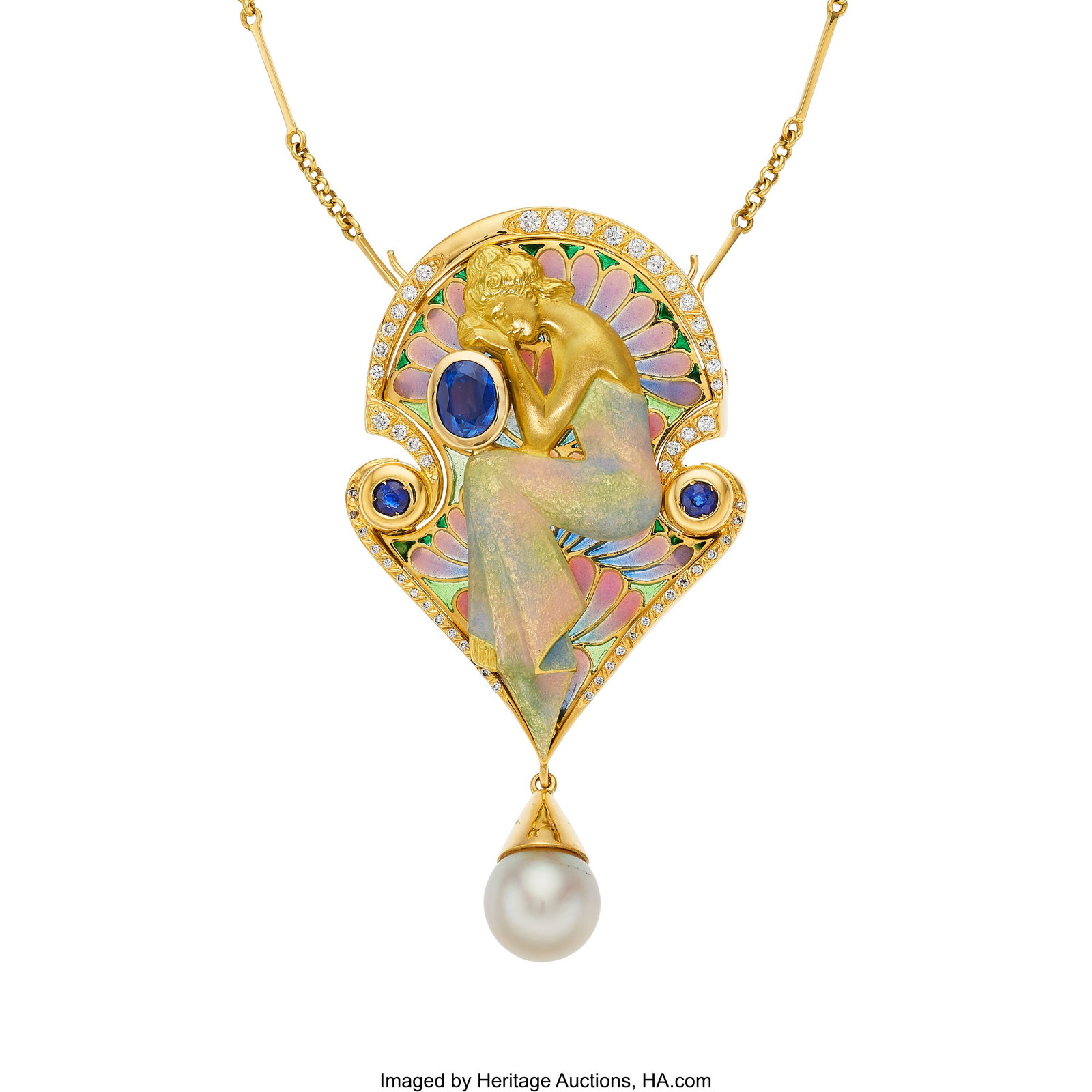 Nouveau 1910 Diamond, Sapphire, South Sea Cultur: Nouveau 1910 Diamond, Sapphire, South Sea Cultured Pearl, Enamel, Gold Convertible Brooch-Necklace Stones: Oval-shaped sapphire weighing approximately 1.70 carats&