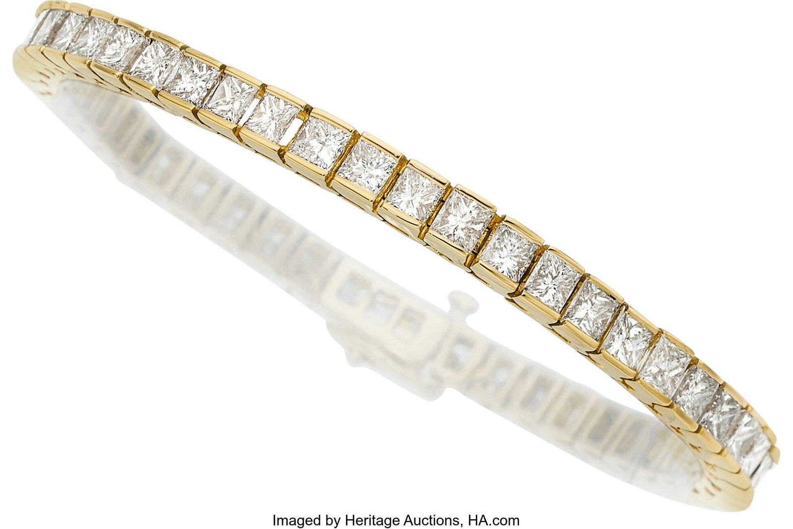Diamond, Gold Bracelet Stones: Square-shaped di: Diamond, Gold Bracelet Stones: Square-shaped diamonds weighing a total of approximately 9.75 carats Metal: 14k gold Gross Weight: 24.41 grams Dimensions: 7 