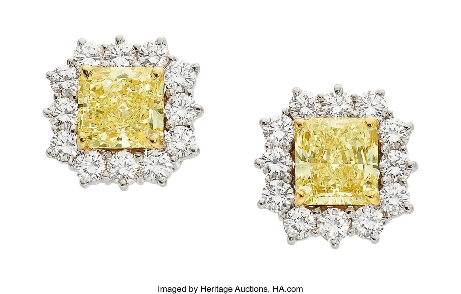 Colored Diamond, Diamond, Platinum, Gold Earrin: Colored Diamond, Diamond, Platinum, Gold Earrings Stones: Cut-cornered square-shaped fancy light yellow diamond weighing 1.68 carats; cut-cornered square-shaped fan