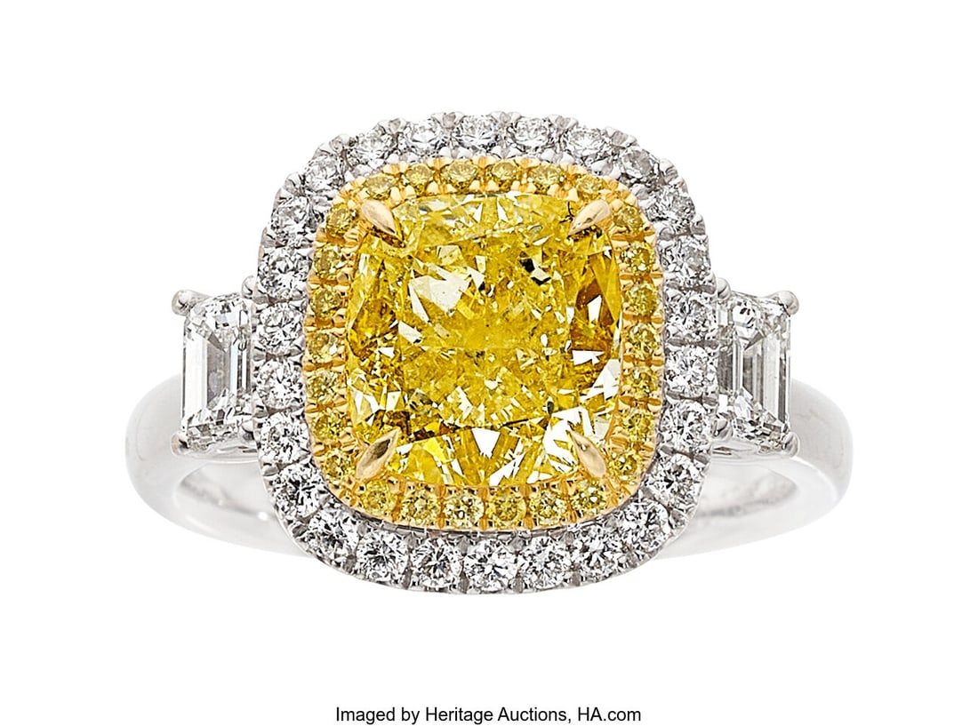 Fancy Light Yellow Diamond, Colored Diamond, Di: Fancy Light Yellow Diamond, Colored Diamond, Diamond, Gold Ring Stones: Cushion-shaped fancy light yellow diamond weighing 3.00 carats; full-cut colored diamonds we