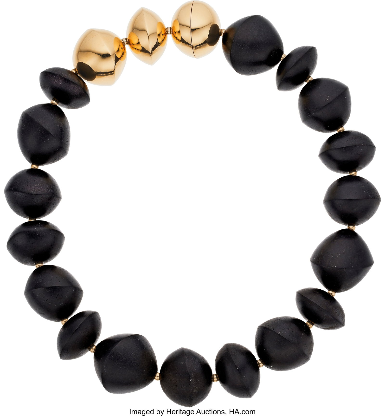 Vhernier Ebony, Gold Necklace Element: Carved e: Vhernier Ebony, Gold Necklace Element: Carved ebony wood Metal: 18k gold Marked: Vhernier Gross Weight: 173.20 grams Dimensions: 16 inches x 1 inch HID031010