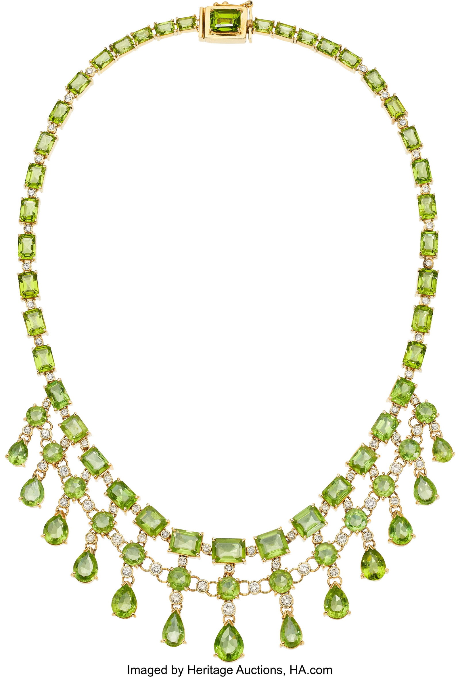 Peridot, Diamond, Gold Necklace Stones: Emerald: Peridot, Diamond, Gold Necklace Stones: Emerald-cut peridots weighing a total of approximately 53.00 carats; pear-shaped peridots weighing a total of approximately 21&per