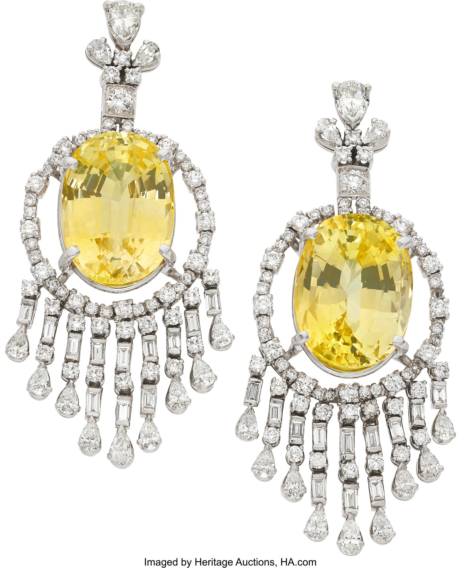 Ceylon Yellow Sapphire, Diamond, White Gold Earr: Ceylon Yellow Sapphire, Diamond, White Gold Earrings Stones: Oval-shaped yellow sapphires weighing a total of approximately 36.75 carats; full-cut diamonds weighing a tot