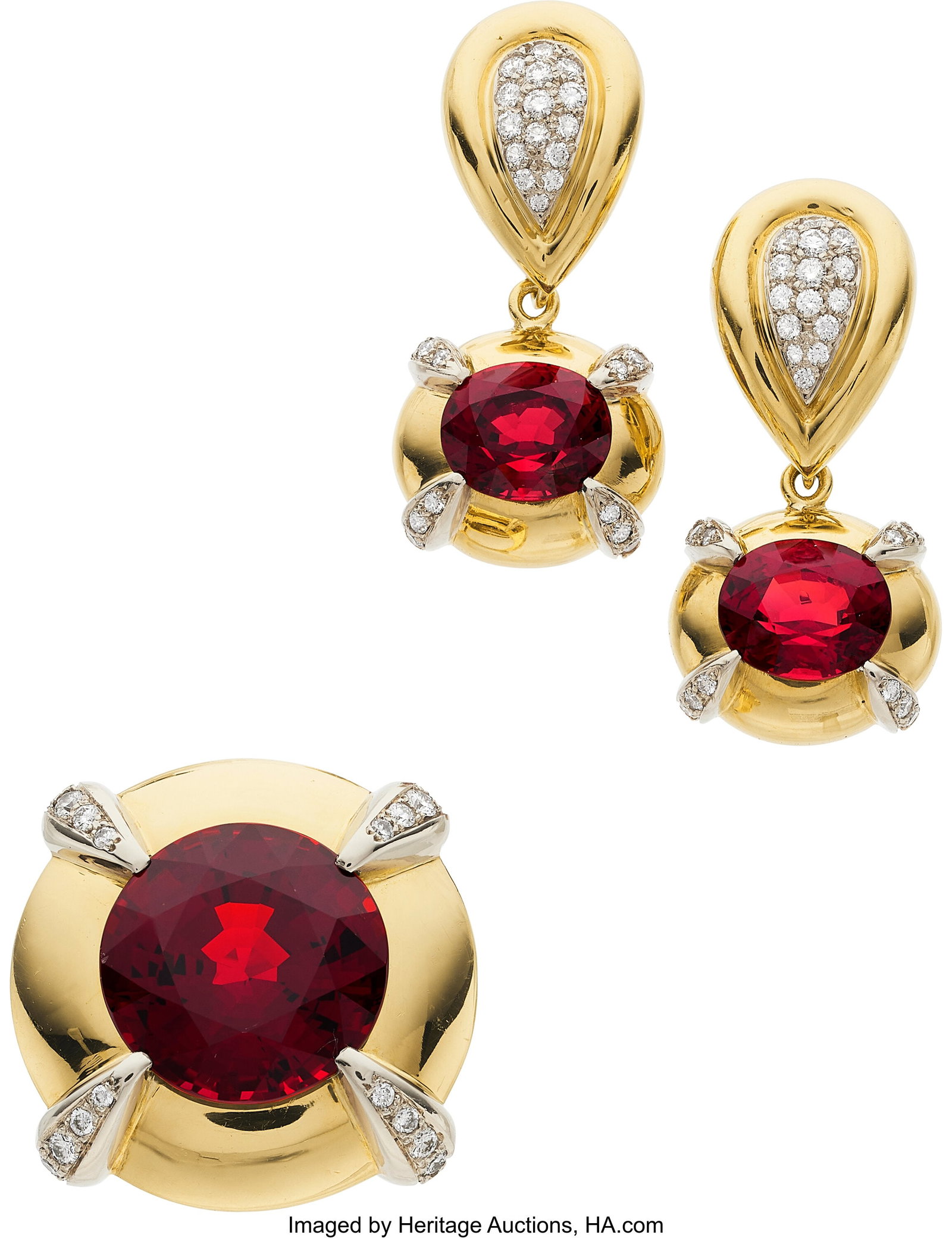 Ilka Bahn Spessartine Garnet, Spinel, Diamond, : Ilka Bahn Spessartine Garnet, Spinel, Diamond, Gold Jewelry Suite Stones: Round-shaped spessartine garnet weighing approximately 14.00 carats; oval-shaped spinels w