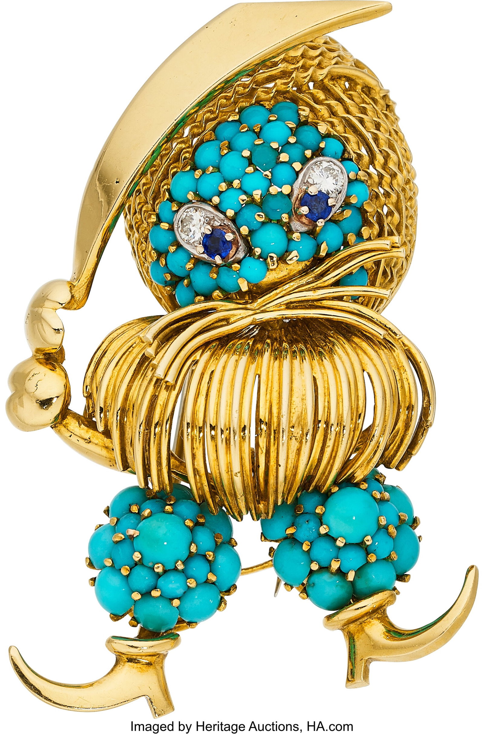 Tiffany & Co. Diamond, Sapphire, Turquoise, Gol: Tiffany & Co. Diamond, Sapphire, Turquoise, Gold Brooch Stones: Full-cut diamonds weighing a total of approximately 0.15 carat; round-shaped sapphires&se