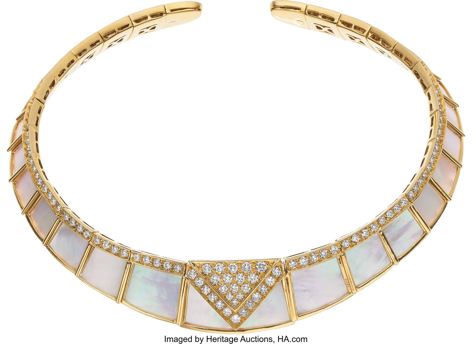 Diamond, Mother-of-Pearl, Gold Necklace Stones:: Diamond, Mother-of-Pearl, Gold Necklace Stones: Full-cut diamonds weighing a total of approximately 6.50 carats; carved mother-of-pearl Metal: 18k gold Gross Weight