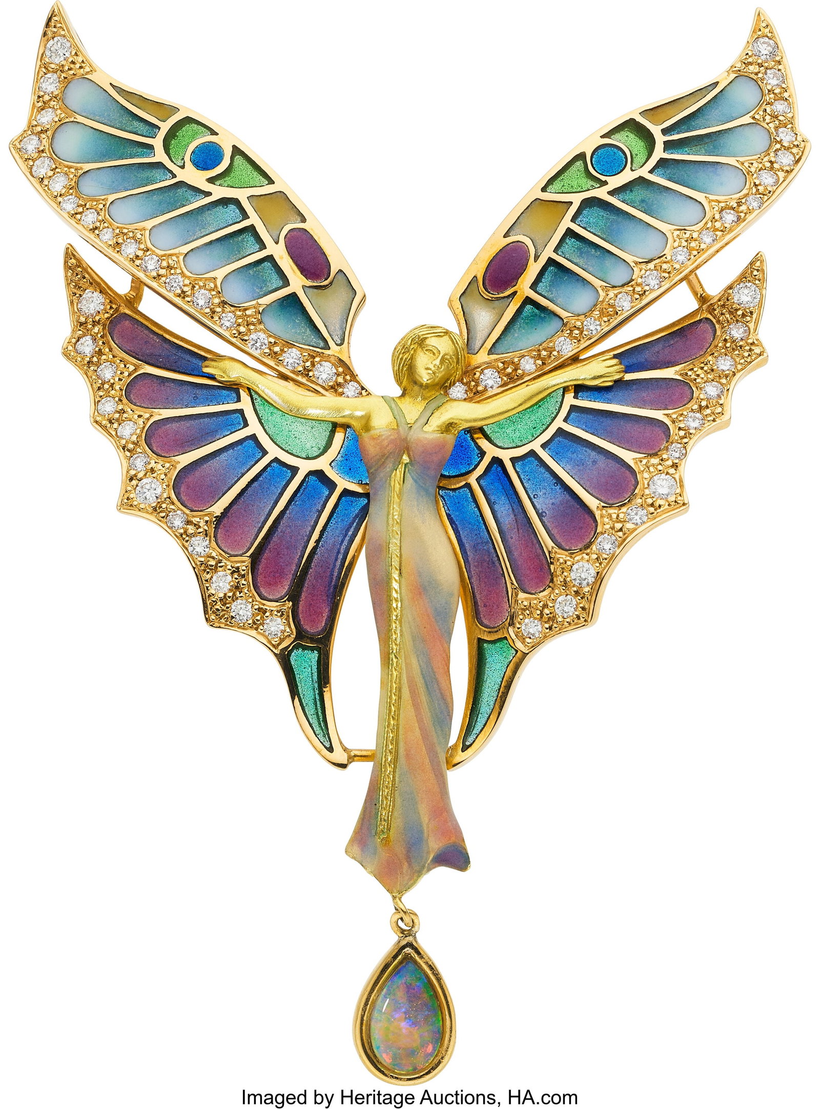 Nouveau 1910 Diamond, Opal, Enamel, Gold Pendan: Nouveau 1910 Diamond, Opal, Enamel, Gold Pendant-Brooch Stones: Full-cut diamonds weighing a total of approximately 0.80 carat; opal cabochon Element: