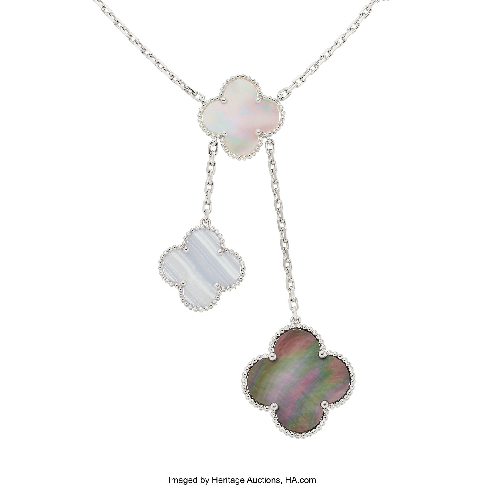 Van Cleef & Arpels Mother-of-Pearl, Chalcedony, : Van Cleef & Arpels Mother-of-Pearl, Chalcedony, White Gold Necklace, French Stones: Carved mother-of-pearl and chalcedony Metal: 18k white gold Marked: for Van 