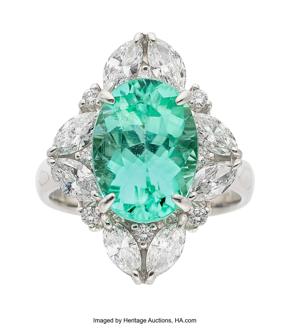 Paraíba-Type Tourmaline, Diamond, Platinum Ring: Paraíba-Type Tourmaline, Diamond, Platinum Ring Stones: Oval-shaped tourmaline weighing 5.15 carats; marquise and full-cut diamonds weighing a total of 1.48