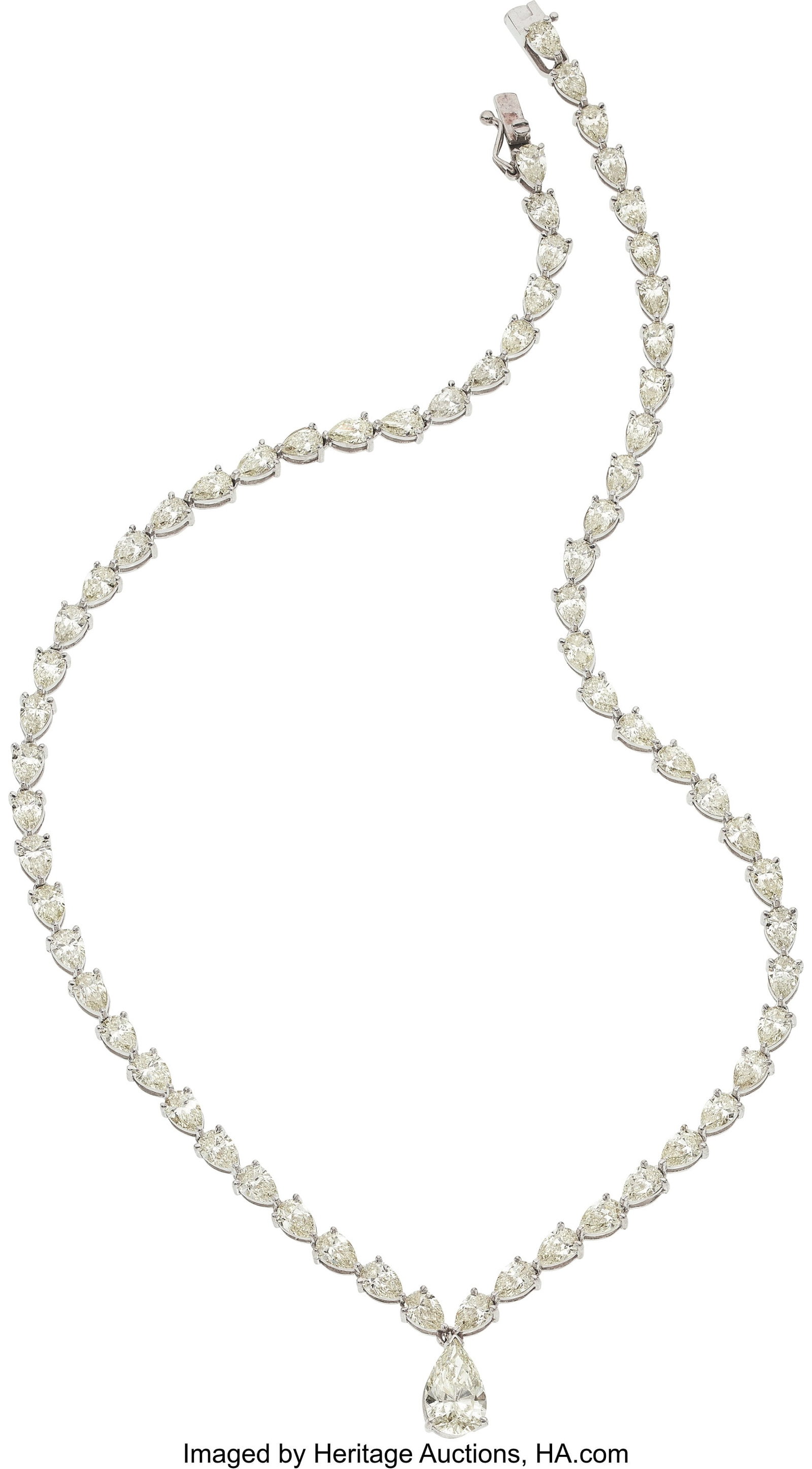 Diamond, White Gold Necklace Stones: Pear-shape: Diamond, White Gold Necklace Stones: Pear-shaped diamond weighing approximately 2.55 carats; pear-shaped diamonds weighing a total of approximately 20.00 carats Metal&co