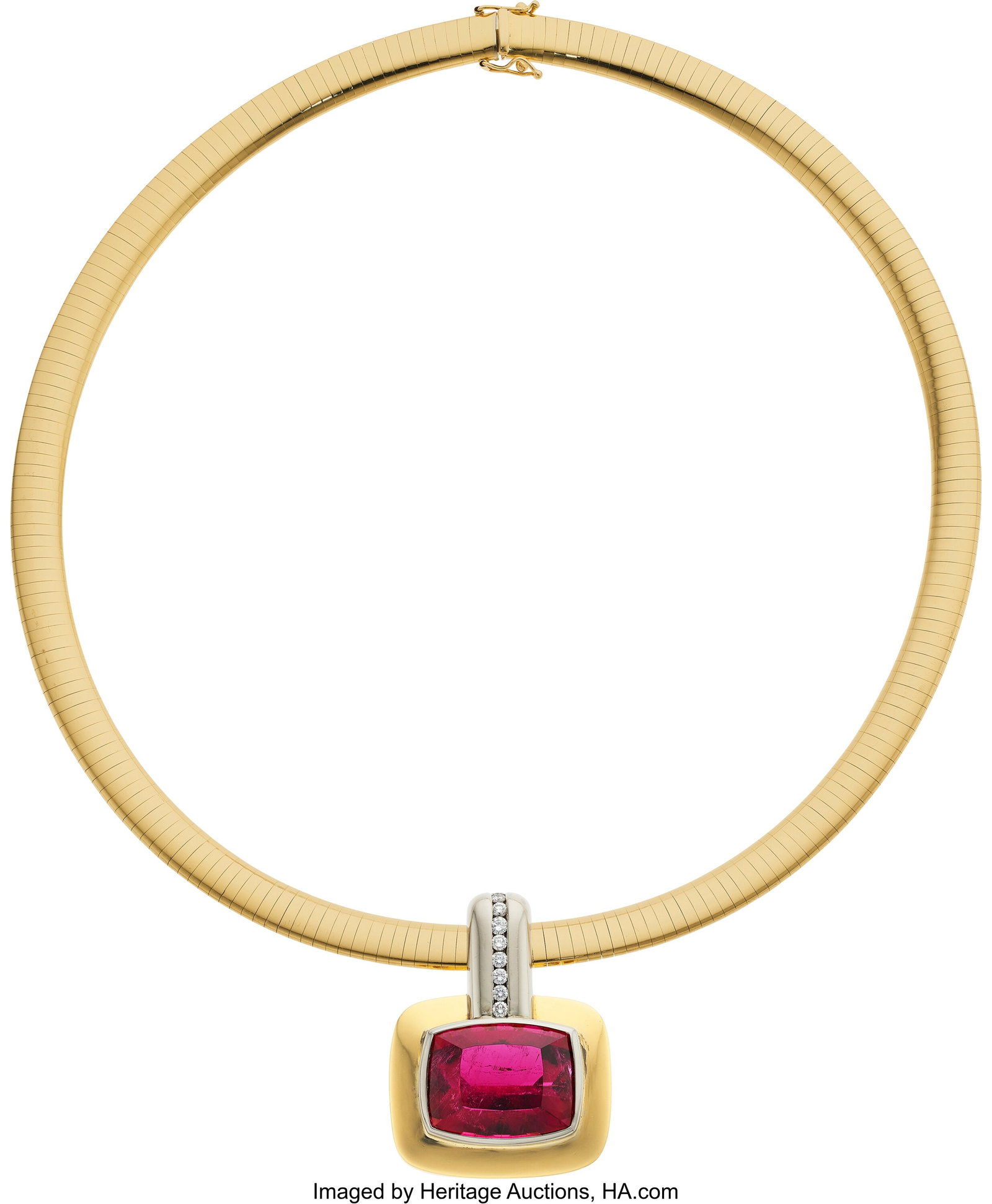 Ilka Bahn Rubellite Tourmaline, Diamond, Gold P: Ilka Bahn Rubellite Tourmaline, Diamond, Gold Pendant-Necklace Stones: Cushion-shaped rubellite tourmaline weighing approximately 30.00 carats; full-cut diamonds weighing