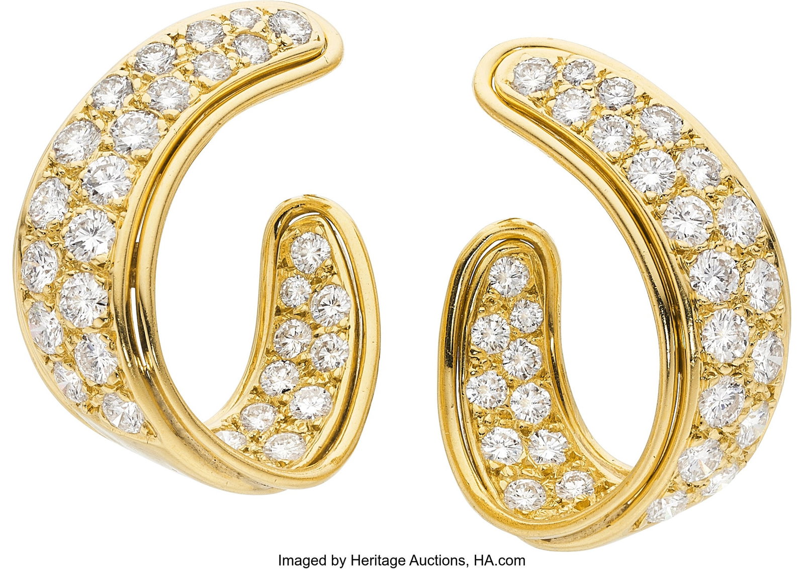 Diamond, Gold Earrings Stones: Full-cut diamond: Diamond, Gold Earrings Stones: Full-cut diamonds weighing a total of approximately 6.00 carats Metal: 14k gold Gross Weight: 11.60 grams Dimensions: 1 inch 