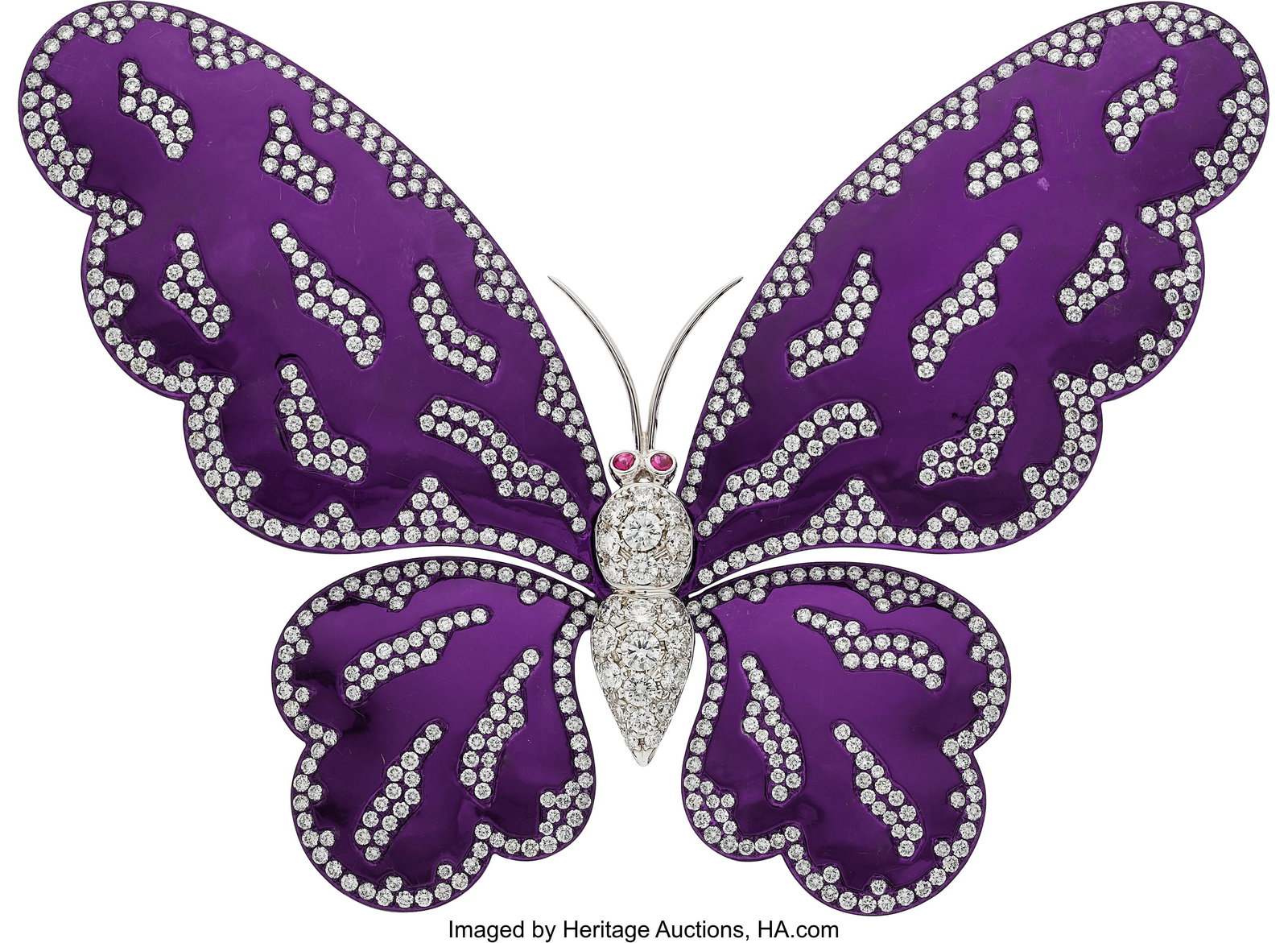 Diamond, Ruby, Titanium, White Gold Brooch Ston: Diamond, Ruby, Titanium, White Gold Brooch Stones: Full-cut diamonds weighing a total of approximately 9.15 carats; round-shaped rubies Metal: 18k white gold 