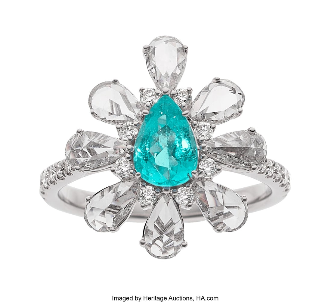 Paraíba Tourmaline, Diamond, White Gold Ring S: Paraíba Tourmaline, Diamond, White Gold Ring Stones: Pear-shaped tourmaline weighing 0.68 carat; rose-cut and full-cut diamonds weighing a total of 1.12 car