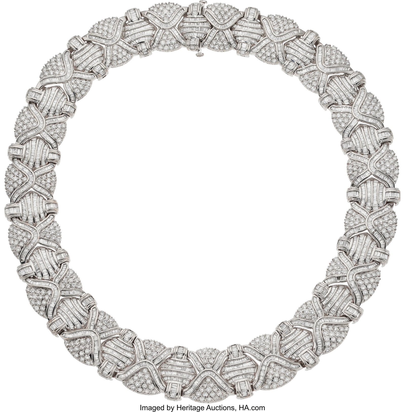 Diamond, White Gold Necklace Stones: Tapered ba: Diamond, White Gold Necklace Stones: Tapered baguette and baguette-cut diamonds weighing a total of approximately 25.00 carats; full-cut diamonds weighing a total of approximat