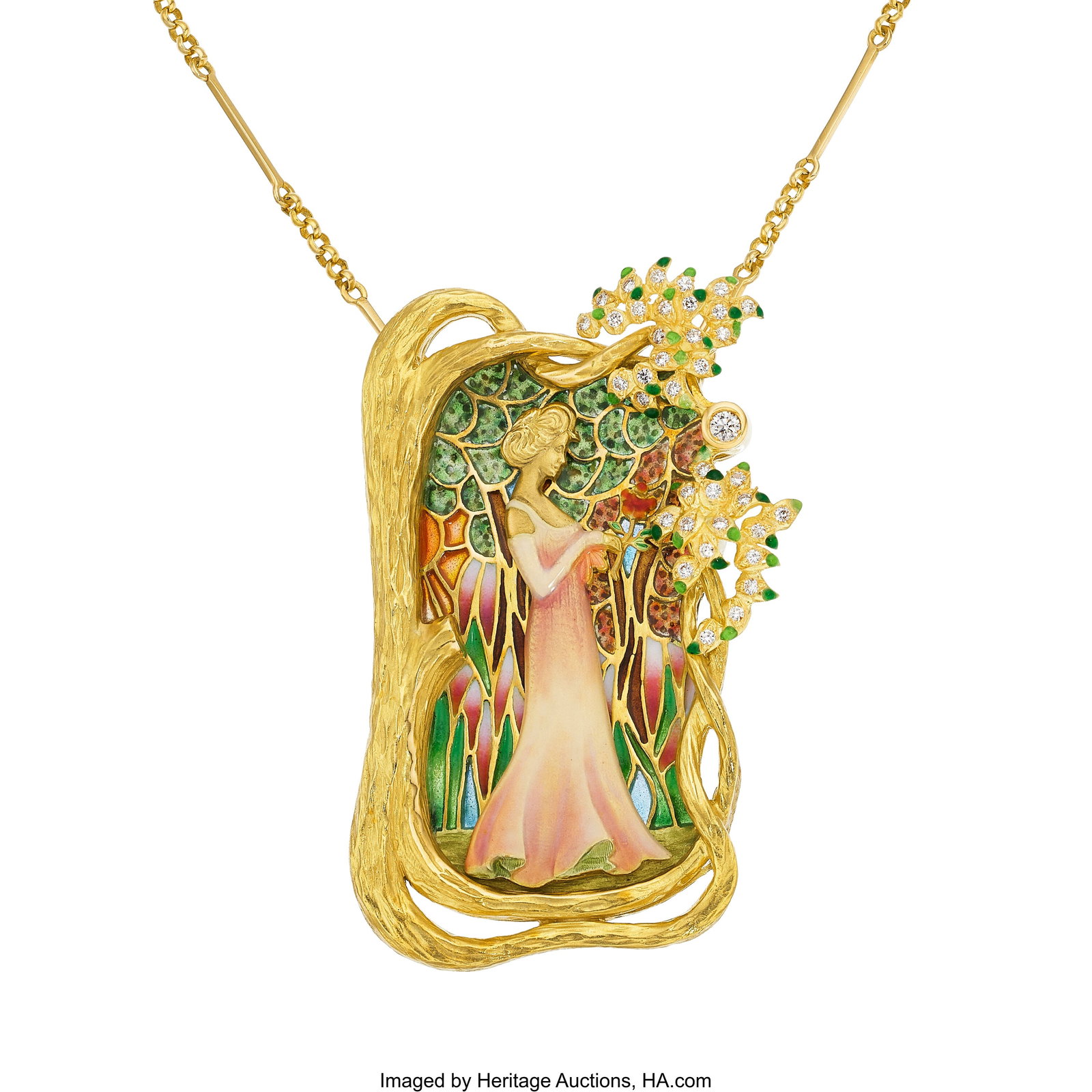 Nouveau 1910 Diamond, Enamel, Gold Convertible : Nouveau 1910 Diamond, Enamel, Gold Convertible Brooch-Necklace Stones: Full-cut diamonds weighing a total of 0.58 carat Element: Plique-à-jour enamel; enamel