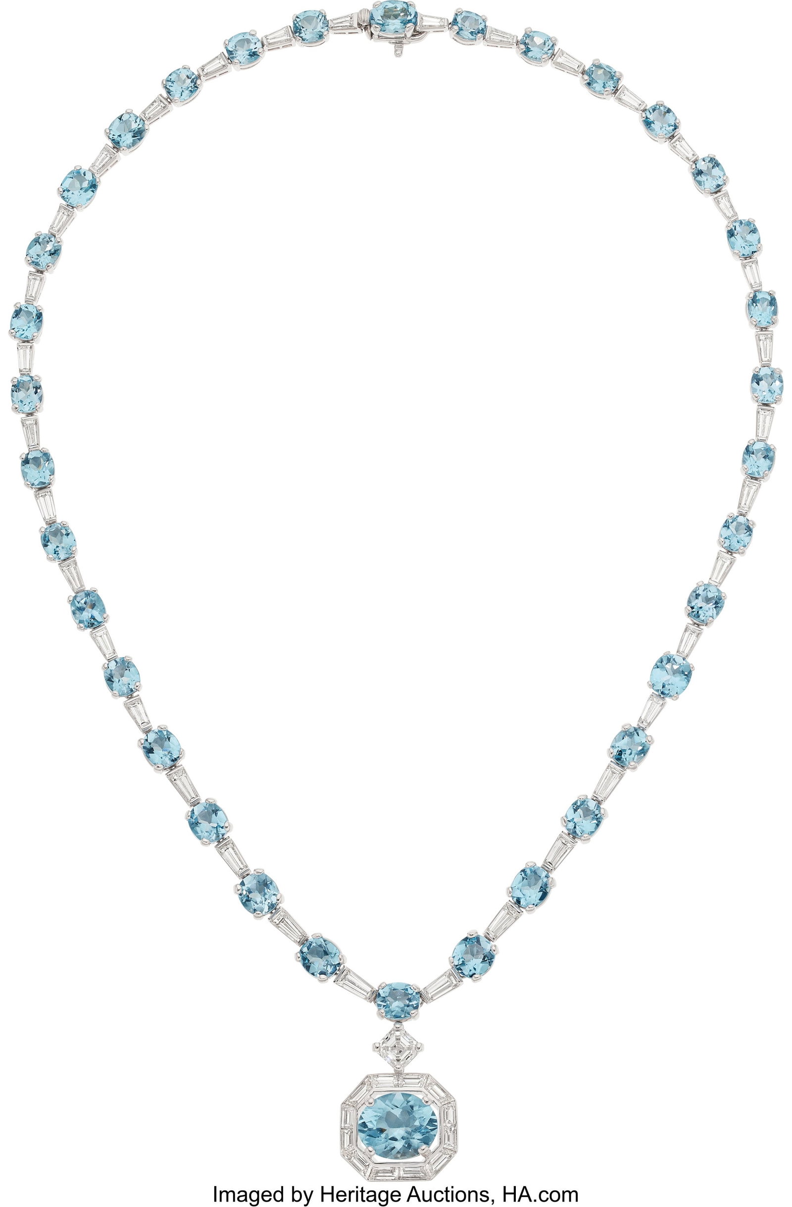 Blue Topaz, Diamond, Platinum Necklace Stones: : Blue Topaz, Diamond, Platinum Necklace Stones: Tapered baguette-cut diamonds weighing a total of 6.11 carats; Asscher-cut diamond weighing approximately 1.00 carat