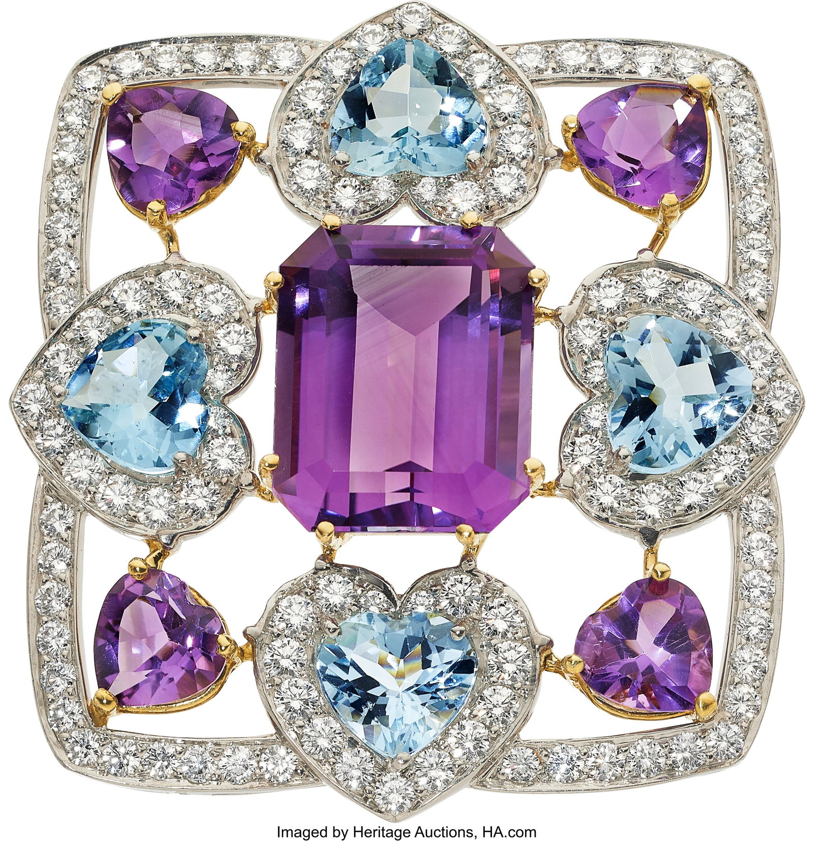 Diamond, Amethyst, Aquamarine, Platinum, Gold Br: Diamond, Amethyst, Aquamarine, Platinum, Gold Brooch Stones: Heart-shaped aquamarine weighing a total of approximately 5.00 carats; full-cut diamonds weighing