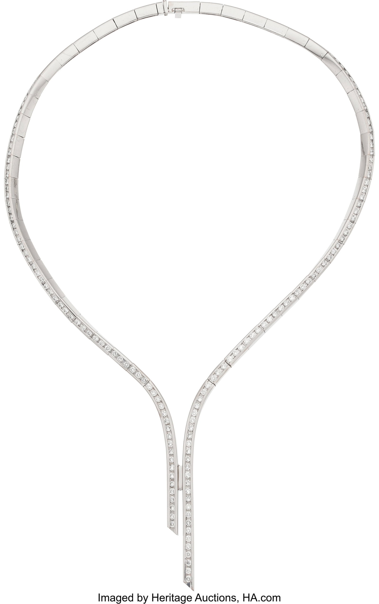 Diamond, White Gold Necklace, French Stones: Fu: Diamond, White Gold Necklace, French Stones: Full-cut diamonds weighing a total of approximately 7.00 carats Metal: 18k white gold Marked: French hallmarks Gross W