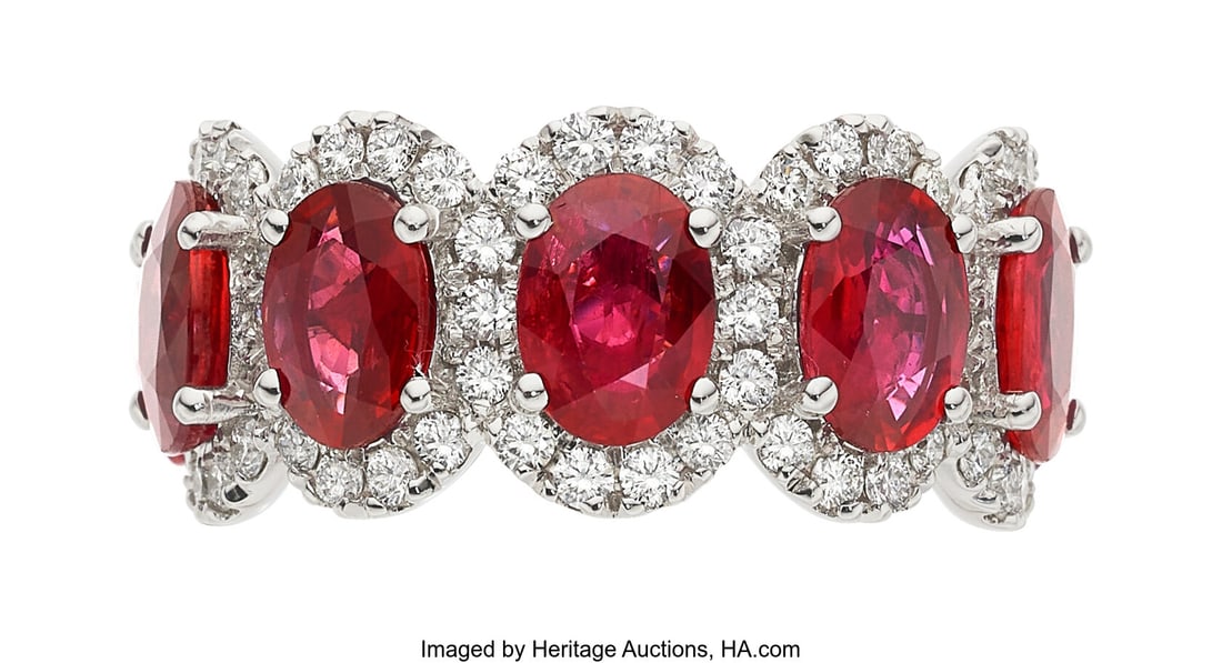 Ruby, Diamond, White Gold Eternity Band Stones:: Ruby, Diamond, White Gold Eternity Band Stones: Oval-shaped rubies weighing a total of approximately 9.90 carats; full-cut diamonds weighing total of approximately 1&peri