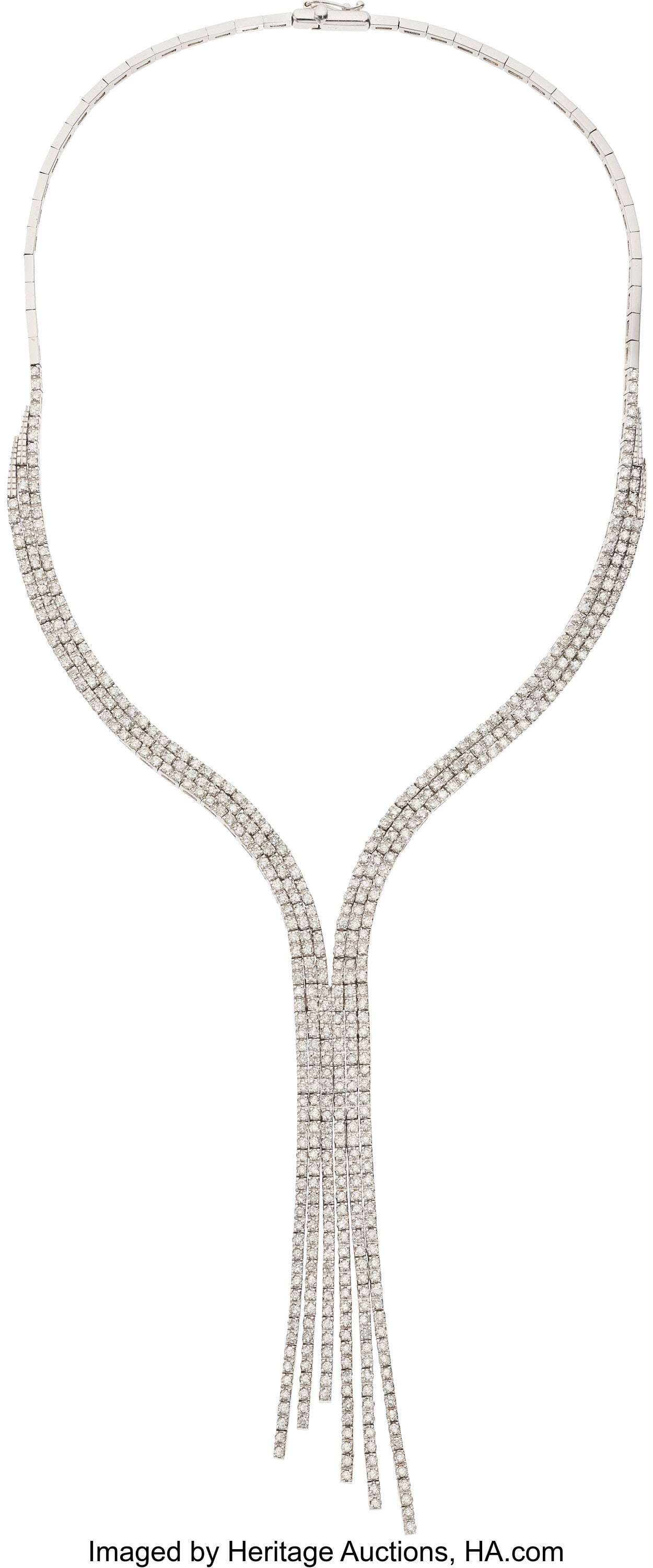 Diamond, White Gold Necklace Stones: Full-cut : Diamond, White Gold Necklace Stones: Full-cut diamonds weighing a total of approximately 8.00 carats Metal: 18k white gold Gross Weight: 50.50 grams Dimensions&co