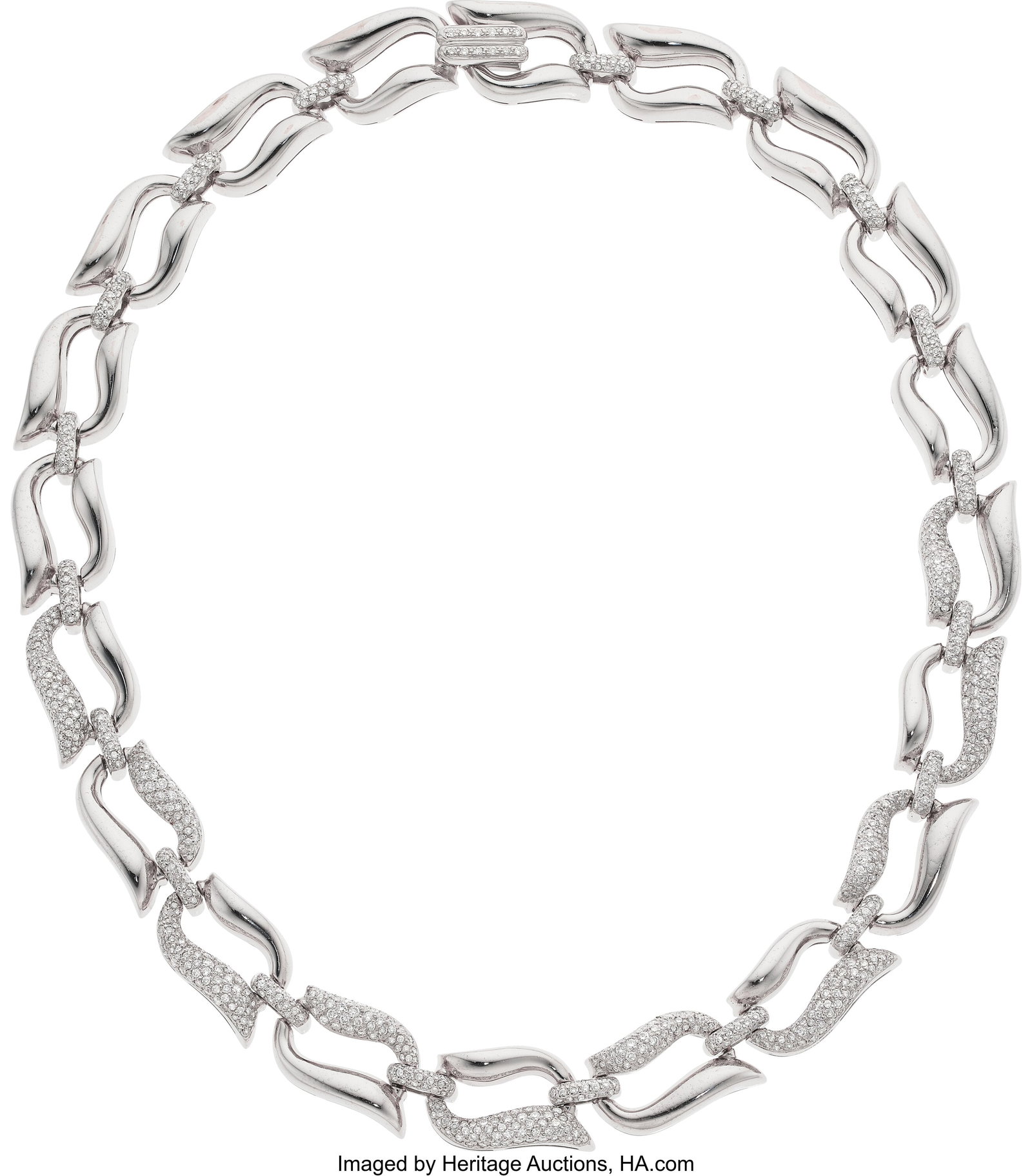 Diamond, White Gold Necklace Stones: Full-cut d: Diamond, White Gold Necklace Stones: Full-cut diamonds weighing a total of approximately 6.15 carats Metal: 18k white gold Gross Weight: 136.30 Dimensions: 