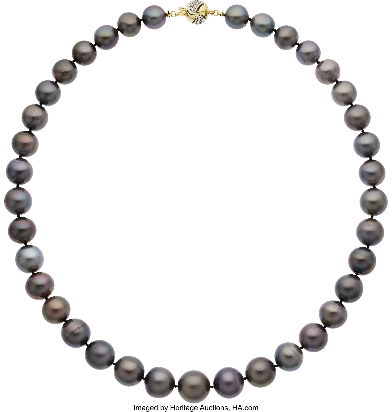 South Sea Cultured Pearl, Diamond, Gold Necklace: South Sea Cultured Pearl, Diamond, Gold Necklace Stones: Full-cut diamonds Pearls: South Sea cultured pearls measuring 10.50 mm - 13.50 mm Metal: 14k white 