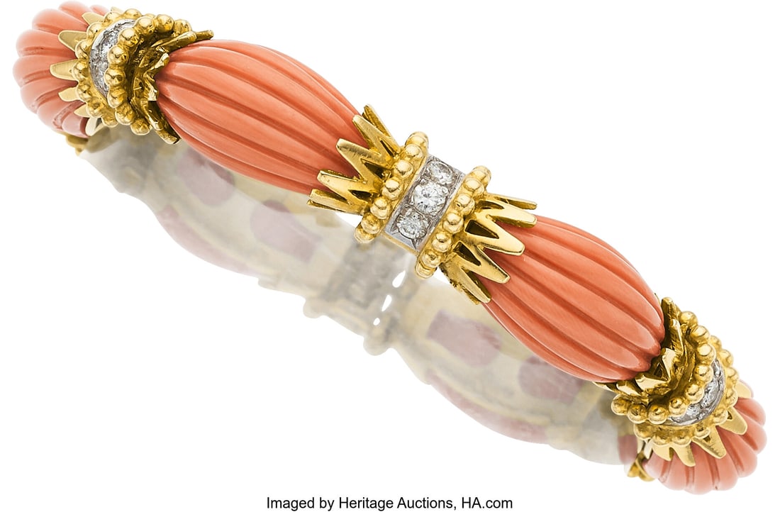 André Vassort for Van Cleef & Arpels, Coral, Di: André Vassort for Van Cleef & Arpels, Coral, Diamond, Platinum, Gold Bracelet, French Stones: Carved coral; full-cut diamonds weighing a total of ap