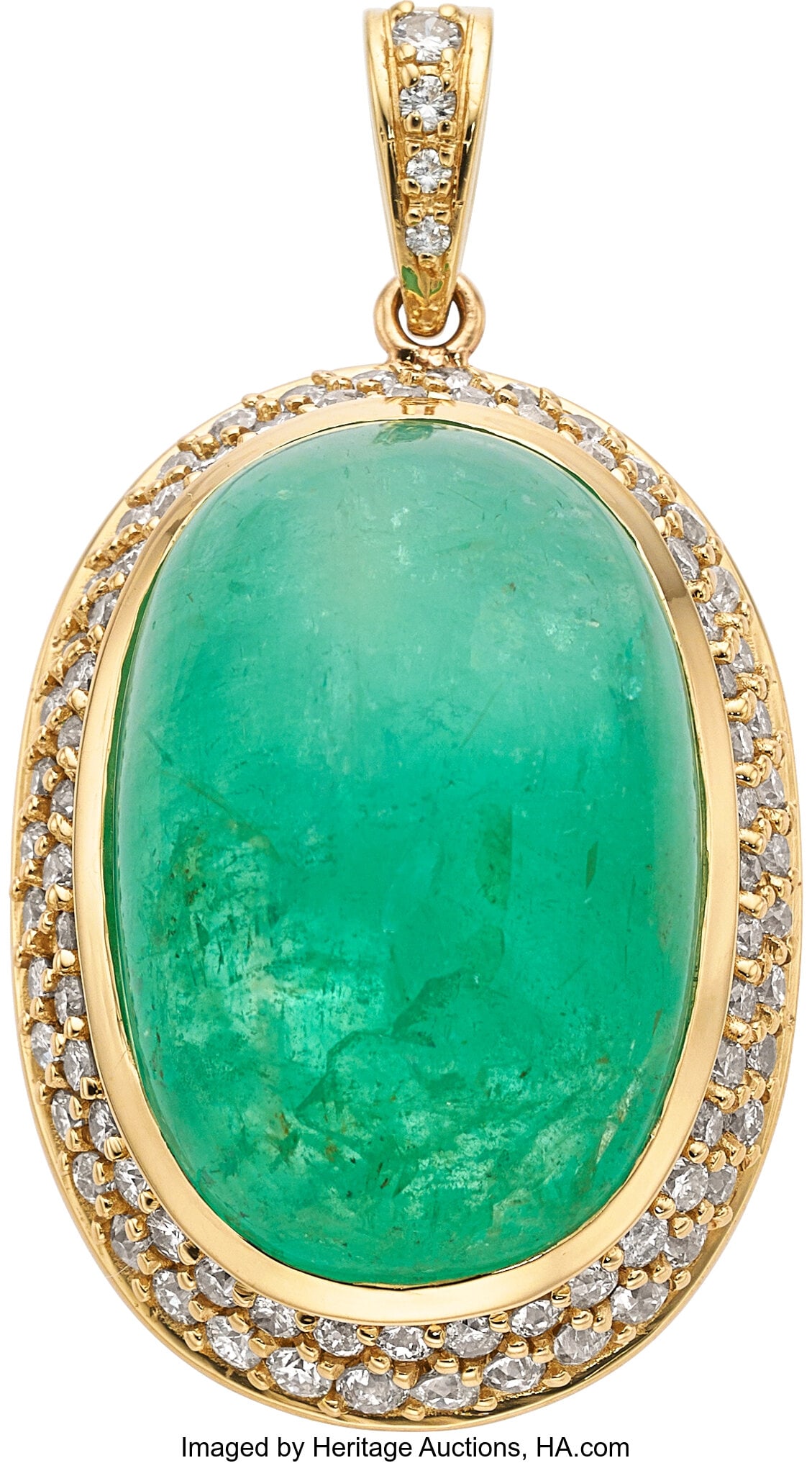 Russian Emerald, Diamond, Gold Pendant Stones: : Russian Emerald, Diamond, Gold Pendant Stones: Emerald cabochon; full and European-cut diamonds weighing a total of approximately 2.50 carats Metal: 14k gold Gross 