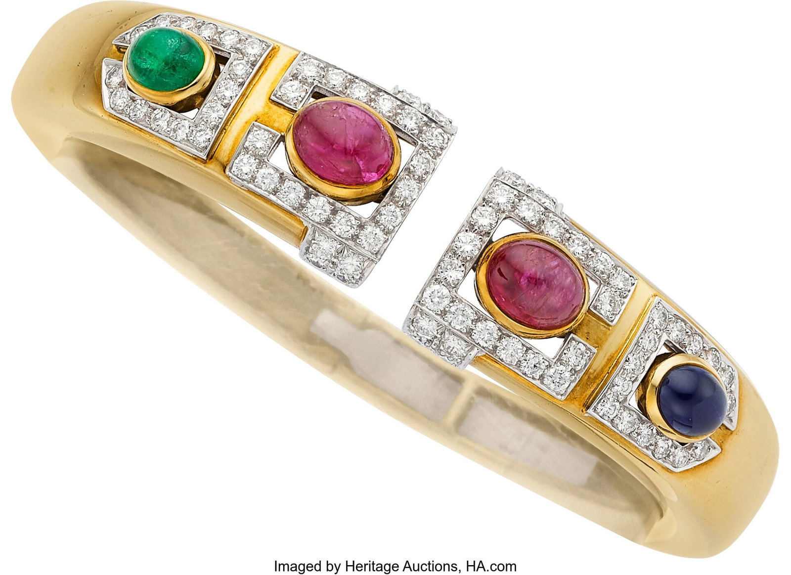 David Webb Diamond, Multi-Stone, Platinum, Gold : David Webb Diamond, Multi-Stone, Platinum, Gold Bracelet Stones: Full-cut diamonds weighing a total of approximately 2.10 carats; ruby cabochons; sapphire cabo