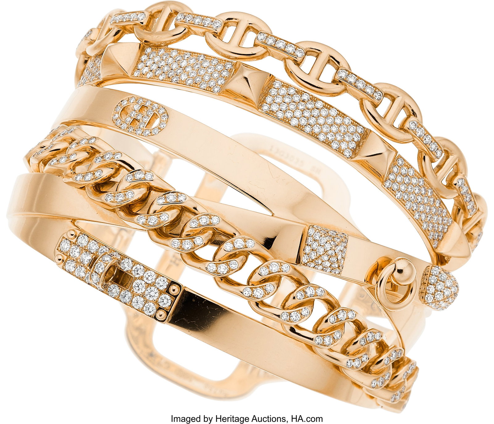 Hermès, Diamond, Rose Gold Bracelet, French St: Hermès, Diamond, Rose Gold Bracelet, French Stones: Full-cut diamonds weighing a total of 4.71 carats Metal: 18k rose gold Marked: