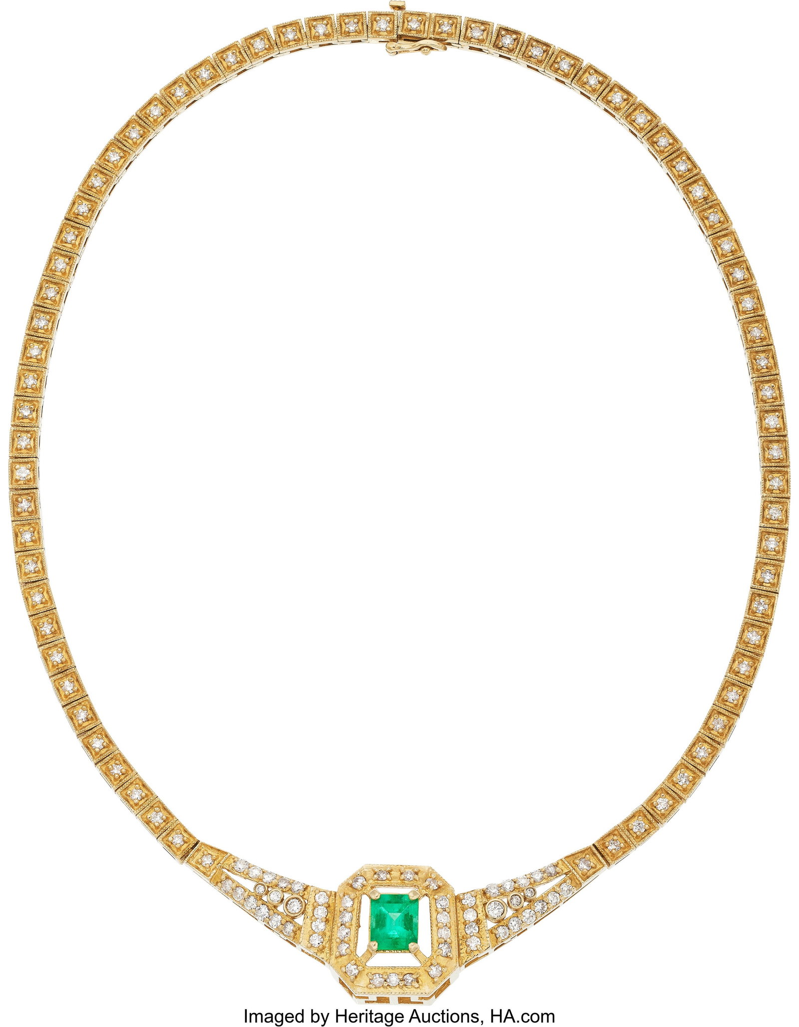 Emerald, Diamond, Gold Necklace Stones: Emerald: Emerald, Diamond, Gold Necklace Stones: Emerald-cut emerald weighing approximately 2.15 carats; full-cut diamonds weighing a total of approximately 4.45 carats
