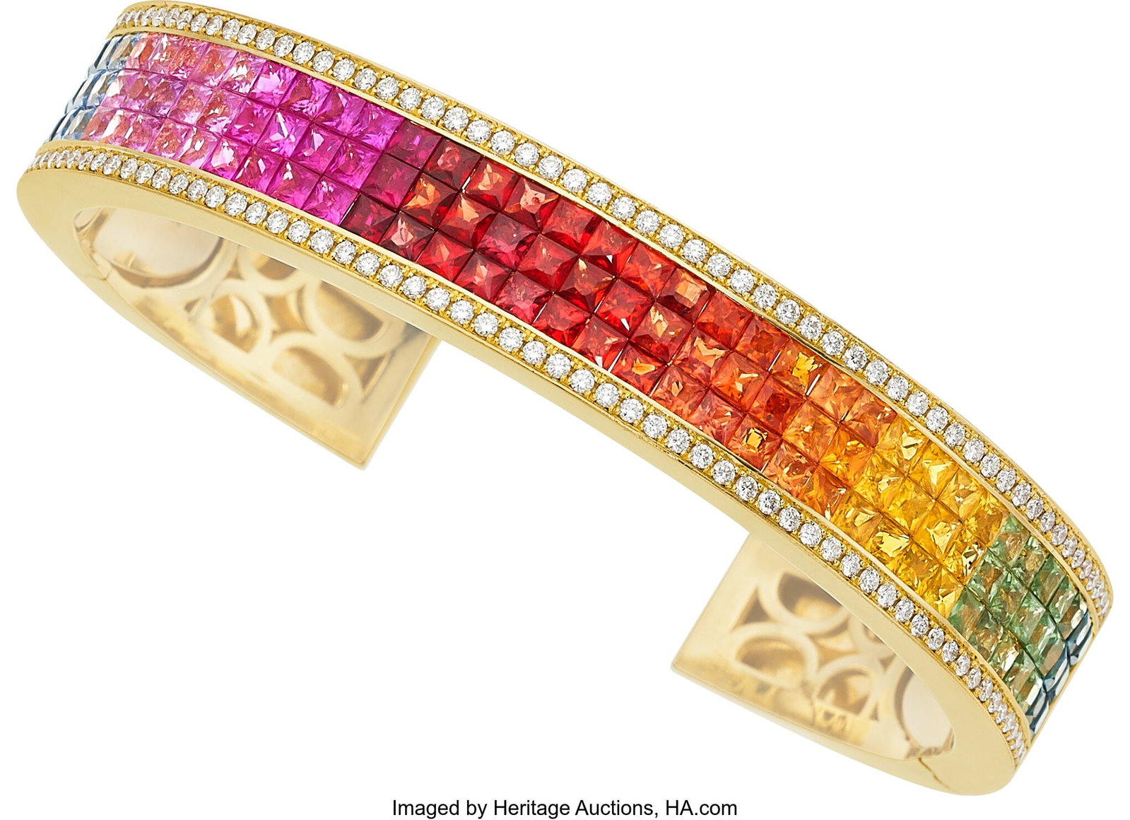 Multi-Color Sapphire, Ruby, Diamond, Gold Bracel: Multi-Color Sapphire, Ruby, Diamond, Gold Bracelet Stones: Square-shaped multi-colored sapphires and rubies weighing a total of approximately 14.00 carats; full-cut