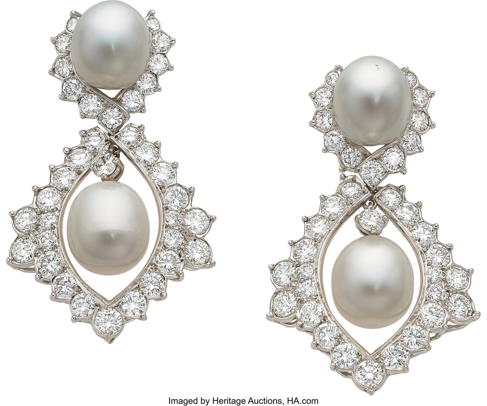 Emis South Sea Cultured Pearl, Diamond, White G: Emis South Sea Cultured Pearl, Diamond, White Gold Earrings Stones: Full-cut diamonds weighing a total of 9.00 carats Pearls: South Sea cultured pearls measuring