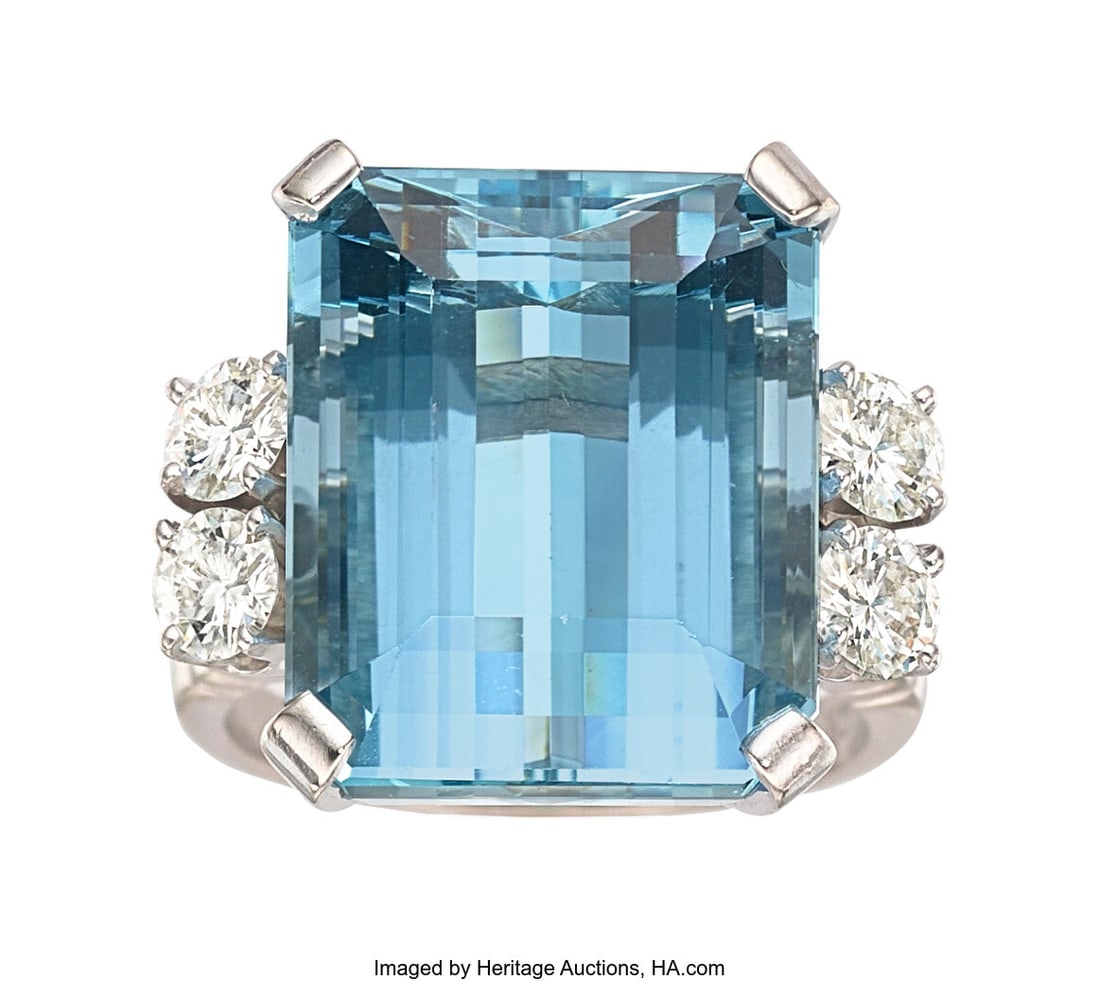 Aquamarine, Diamond, White Gold Ring Stones: Em: Aquamarine, Diamond, White Gold Ring Stones: Emerald-cut aquamarine weighing approximately 15.00 carats; full-cut diamonds weighing a total of approximately 1.00 c