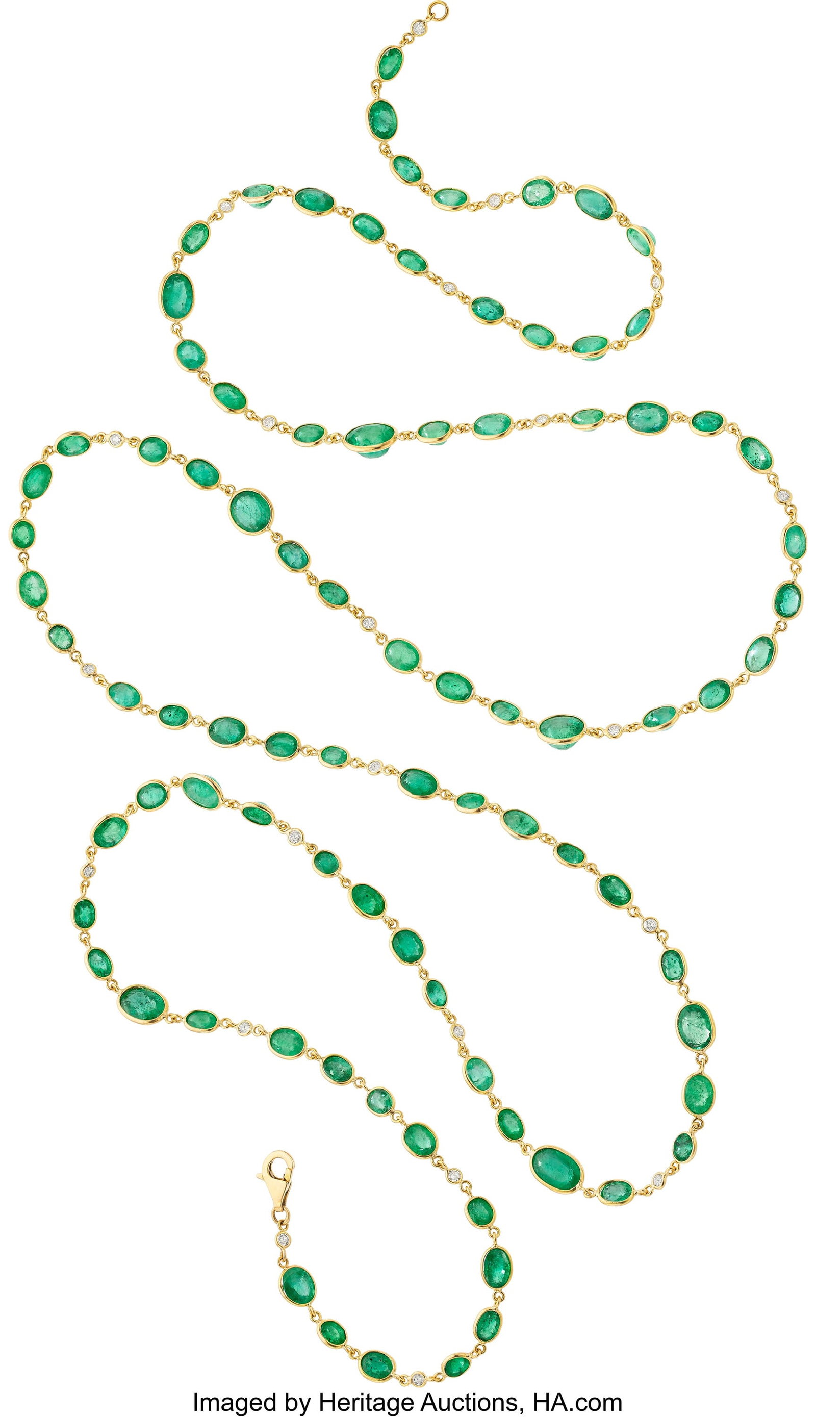 Emerald, Diamond, Gold Necklace Stones: Oval-sh: Emerald, Diamond, Gold Necklace Stones: Oval-shaped emeralds weighing a total of approximately 40.00 carats; full-cut diamonds weighing a total of approximately 1.