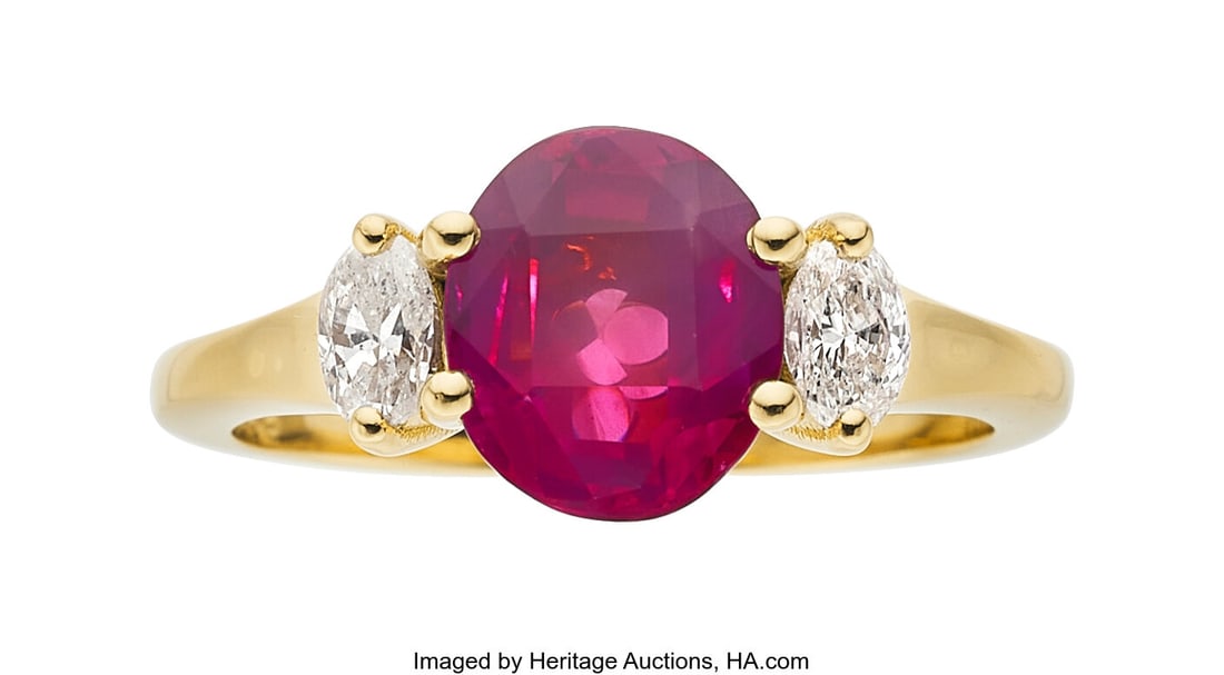 Burma Ruby, Diamond, Gold Ring Stones: Oval-sha: Burma Ruby, Diamond, Gold Ring Stones: Oval-shaped ruby weighing 2.95 carats; marquise-shaped diamonds weighing a total of 0.38 carat Metal: 18k gold Gross