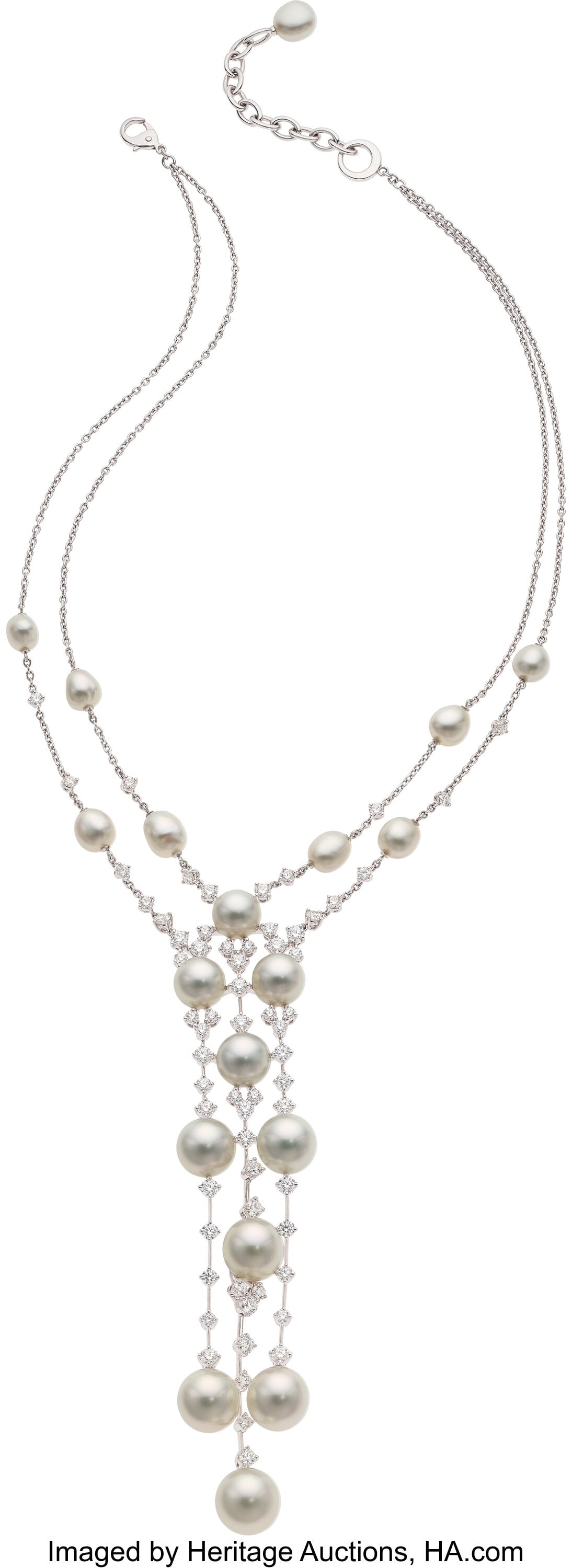 Mikimoto South Sea Cultured Pearl, Diamond, Cul: Mikimoto South Sea Cultured Pearl, Diamond, Cultured Pearl, White Gold Necklace Stones: Full-cut diamonds weighing a total of 5.98 carats Pearls: South Sea culture