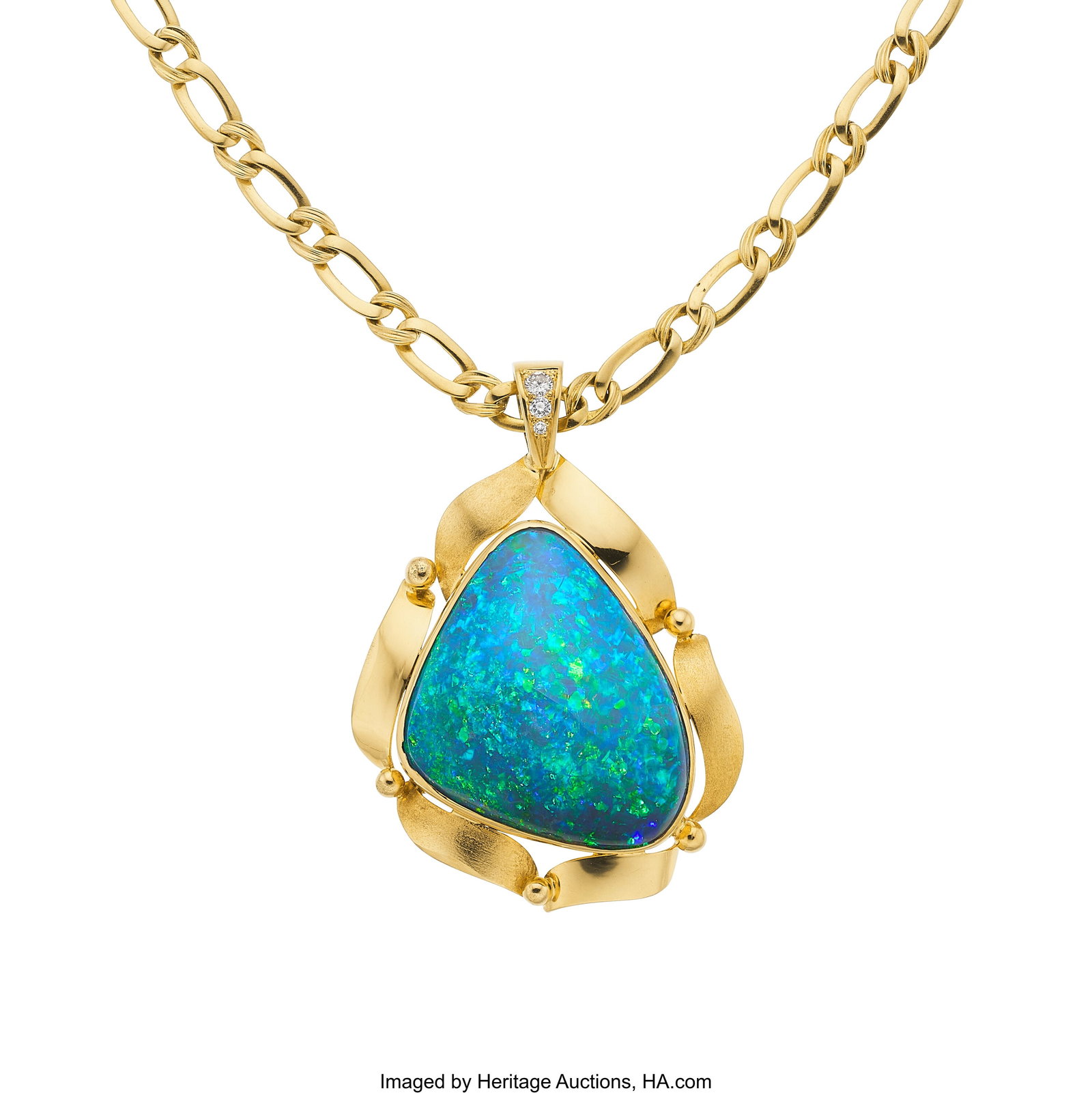 Black Opal, Diamond, Gold Pendant-Necklace Ston: Black Opal, Diamond, Gold Pendant-Necklace Stones: Black opal cabochon; full-cut diamonds weighing a total of approximately 0.15 carat Metal: 18k gold Gross Weight&