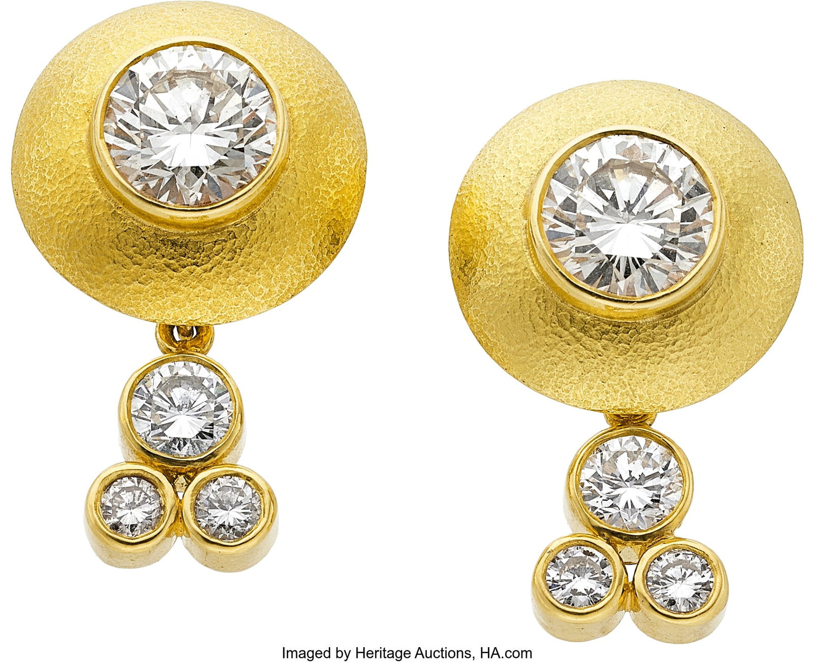 Matthew Trent Diamond, Gold Convertible Earrings: Matthew Trent Diamond, Gold Convertible Earrings Stones: Round brilliant-cut diamonds weighing a total of 2.73 carats; full-cut diamonds weighing a total of approximately 1&per