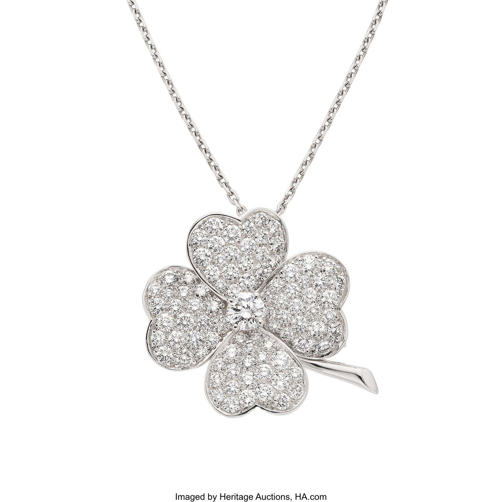 Van Cleef & Arpels Diamond, White Gold Pendant-: Van Cleef & Arpels Diamond, White Gold Pendant-Brooch-Necklace, French Stones: Full-cut diamonds weighing a total of approximately 3.55 carats Metal: 18k white gold