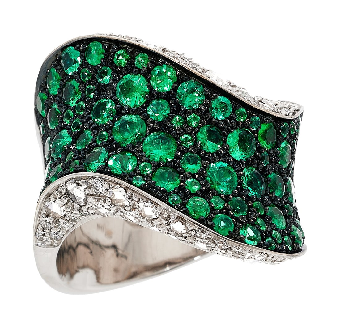Verdi Emerald, Diamond, White Gold Ring Stones:: Verdi Emerald, Diamond, White Gold Ring Stones: Round-shaped emeralds weighing a total of approximately 2.40 carat; full-cut diamonds weighing a total of approximately