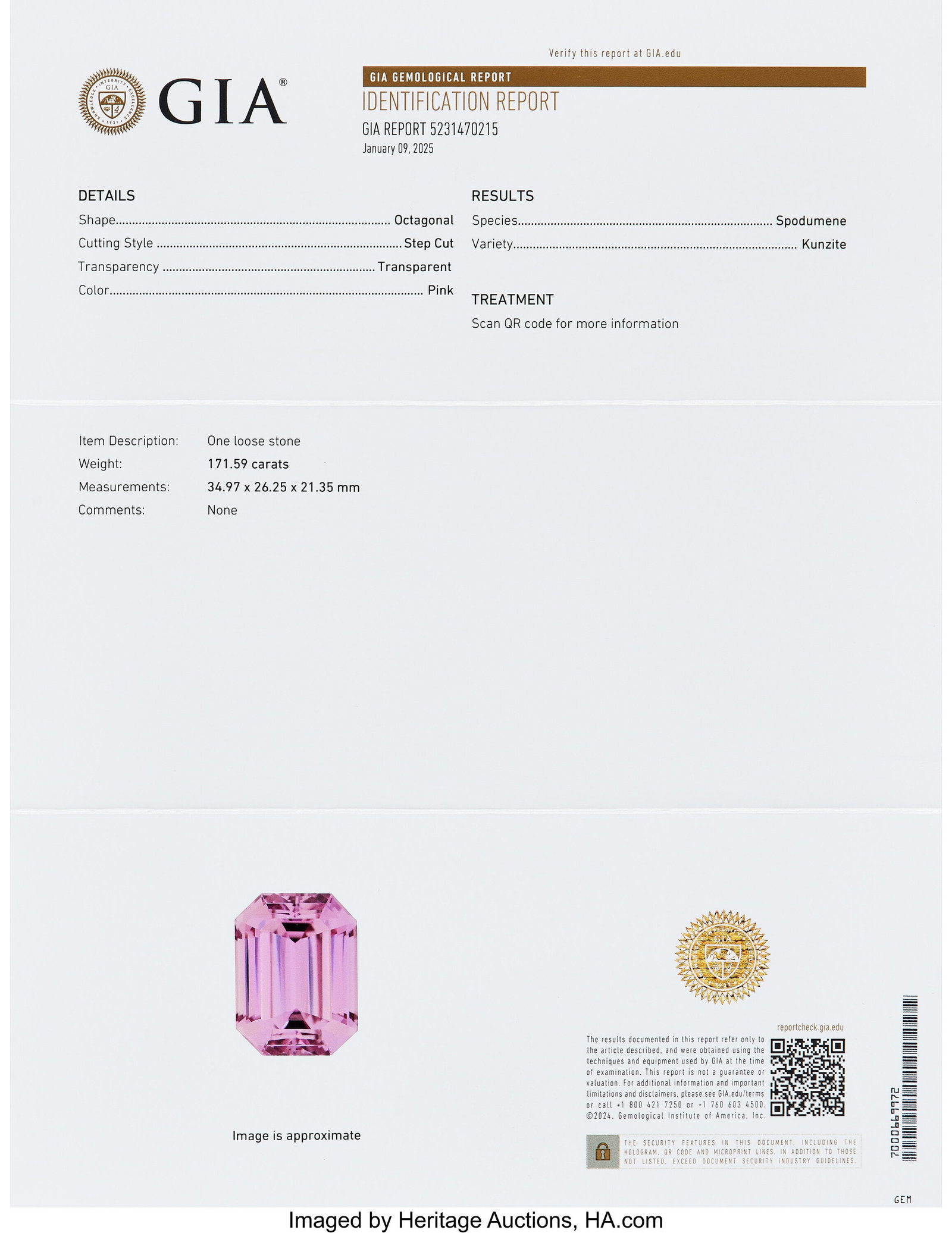 171.59 ct Kunzite Shape: Octagonal Measurements - 2