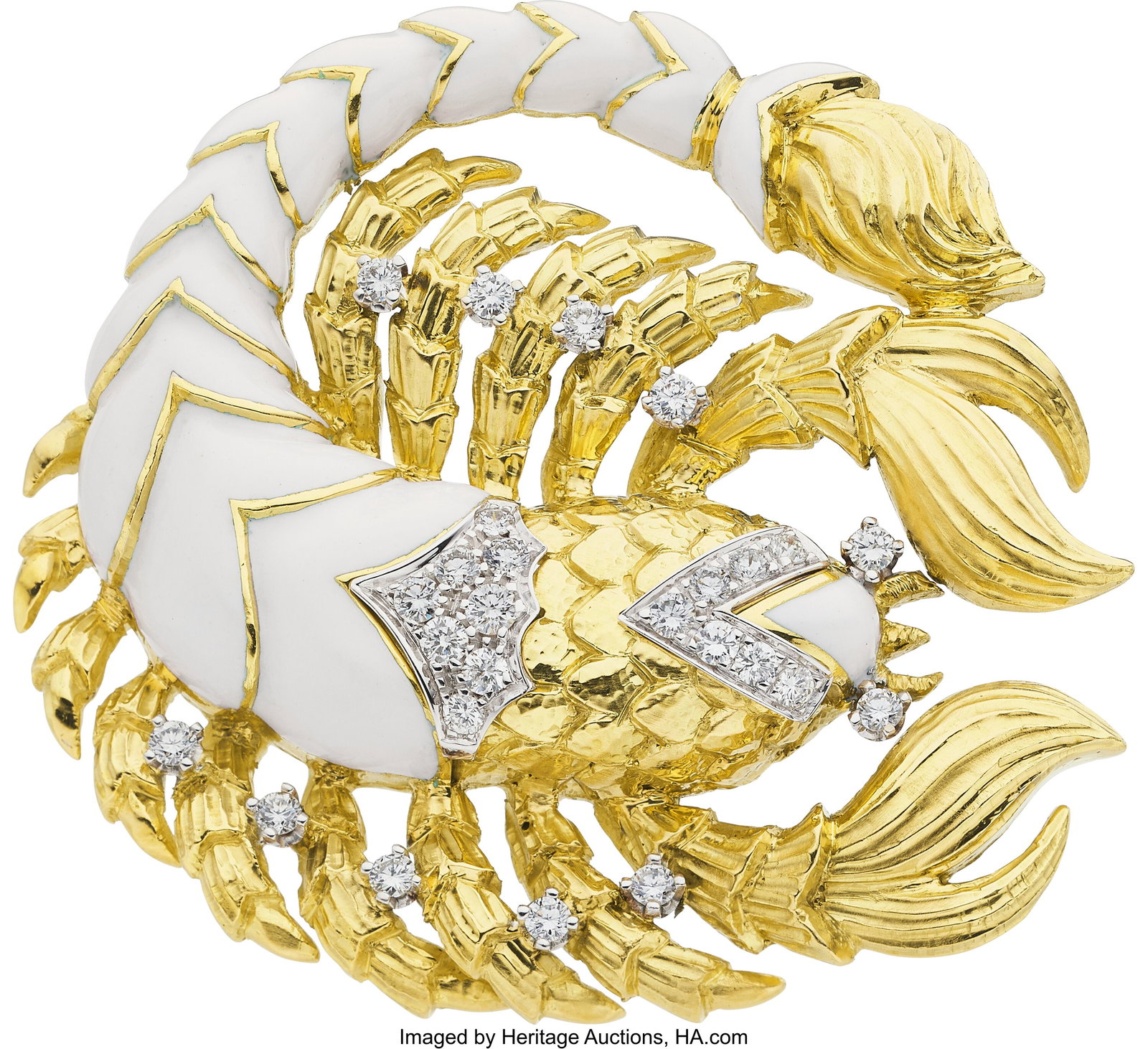 David Webb Diamond, Enamel, Gold Pendant-Brooch: David Webb Diamond, Enamel, Gold Pendant-Brooch Stones: Full-cut diamonds weighing a total of approximately 1.00 carat Element: Enamel Metal: 18k white and yellow 