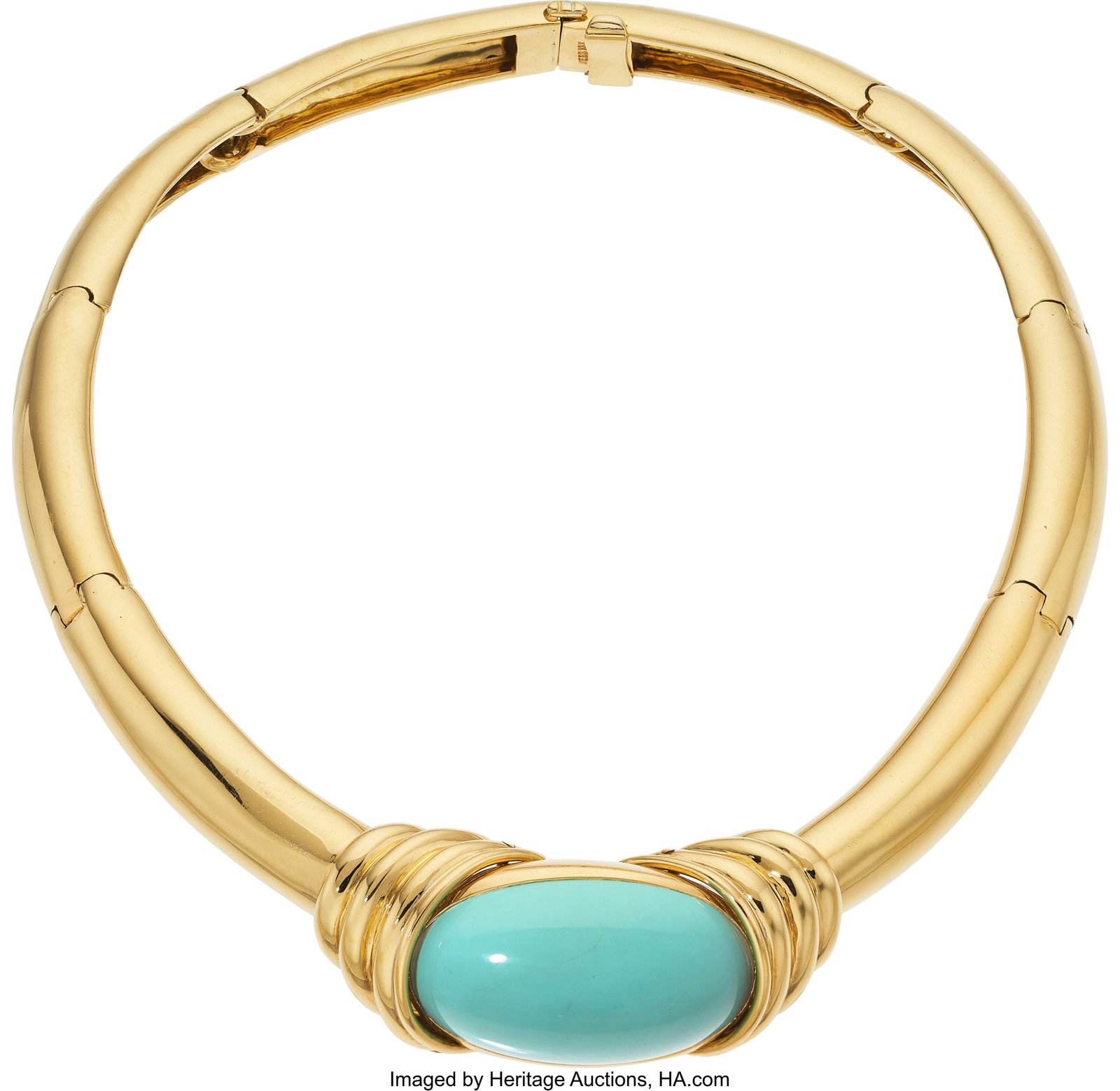David Webb Turquoise, Gold Necklace Stones: Tur: David Webb Turquoise, Gold Necklace Stones: Turquoise cabochon Metal: 18k gold Marked: for David Webb Gross Weight: 123.50 grams Dimensions: 13 inches x 3&so