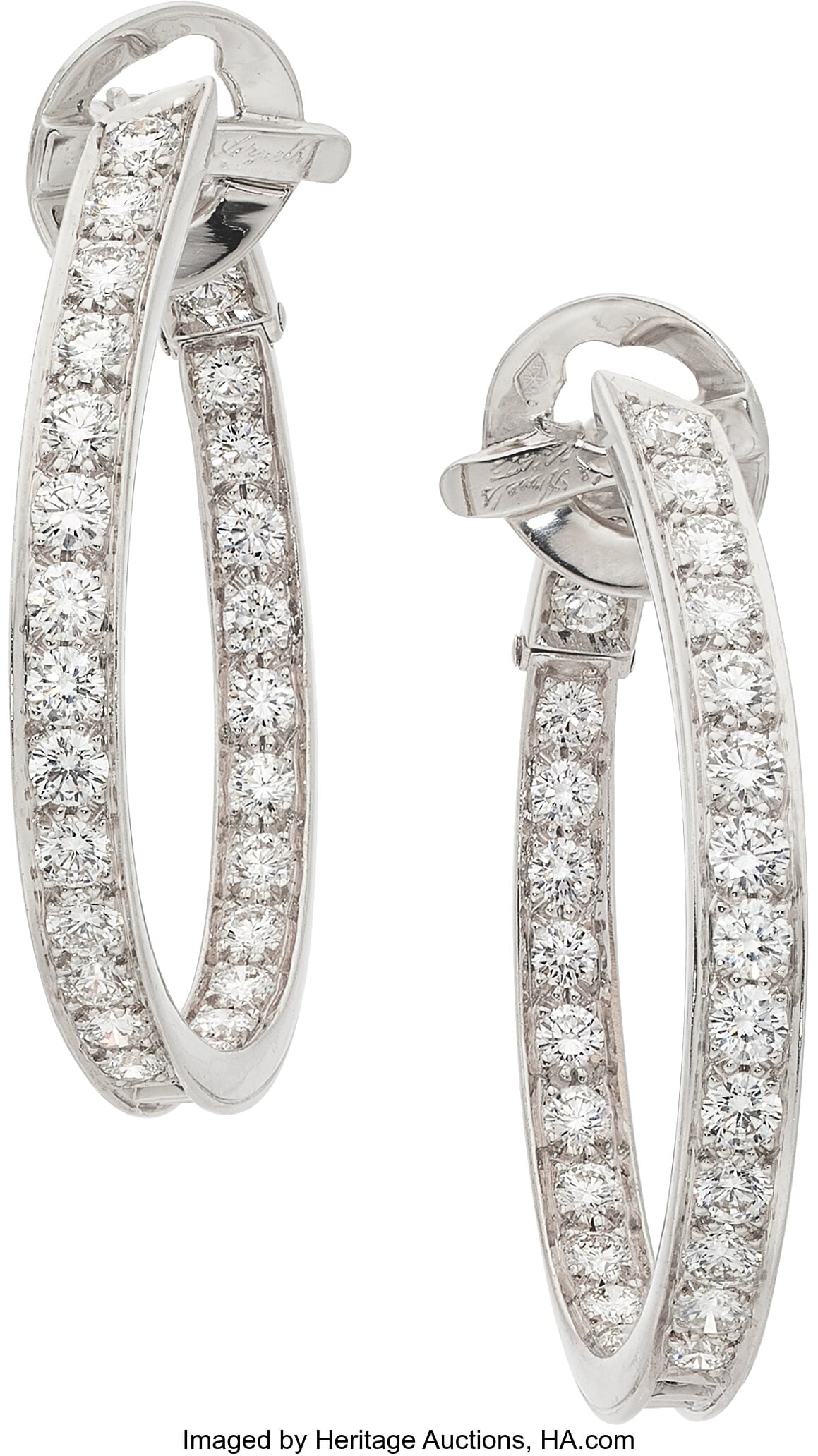 Van Cleef & Arpels Diamond, White Gold Earrings,: Van Cleef & Arpels Diamond, White Gold Earrings, French Stones: Full-cut diamonds weighing a total of approximately 2.60 carats Metal: 18k white gold Marked: V