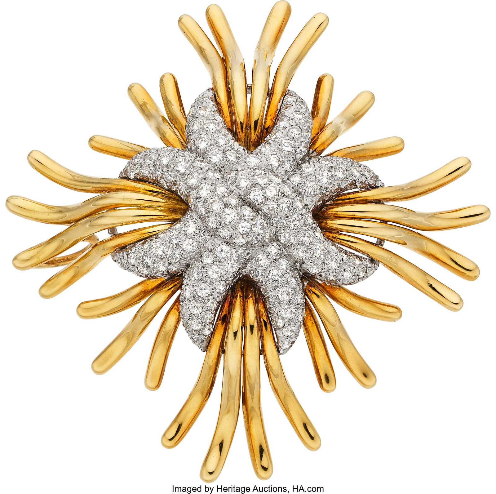 Verdura Diamond, Platinum, Gold Pendant-Brooch : Verdura Diamond, Platinum, Gold Pendant-Brooch Stones: Full-cut diamonds weighing a total of approximately 4.40 carats Metal: Platinum and 18k gold Marked: Verdura