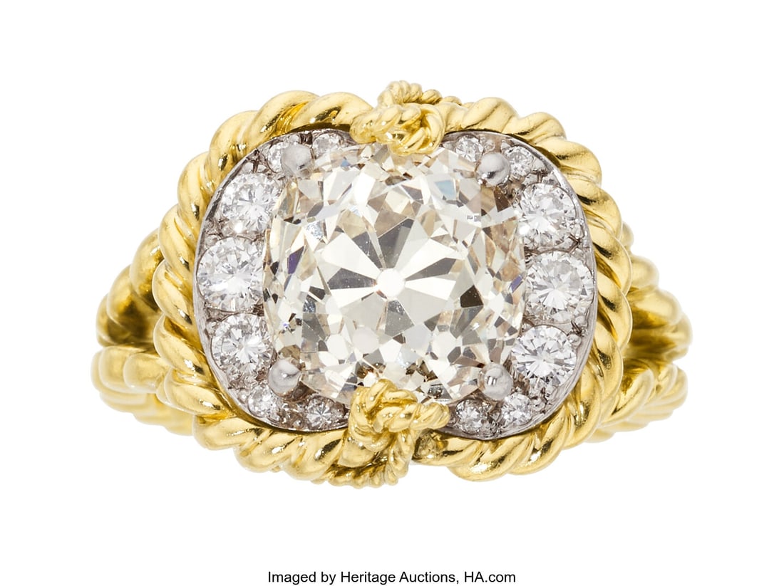 Verdura Diamond, Platinum, Gold Ring Stones: Ol: Verdura Diamond, Platinum, Gold Ring Stones: Old mine-cut diamond weighing 4.03 carats; full-cut diamonds weighing a total of approximately 0.35 carat Metal: